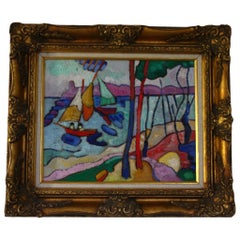 Mid Century Modern French Abstract Impressionist Oil Painting in a gilt frame