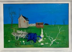 1950's Mid Century French Modernism Abandoned Fiat Automobile Art  Oil Painting