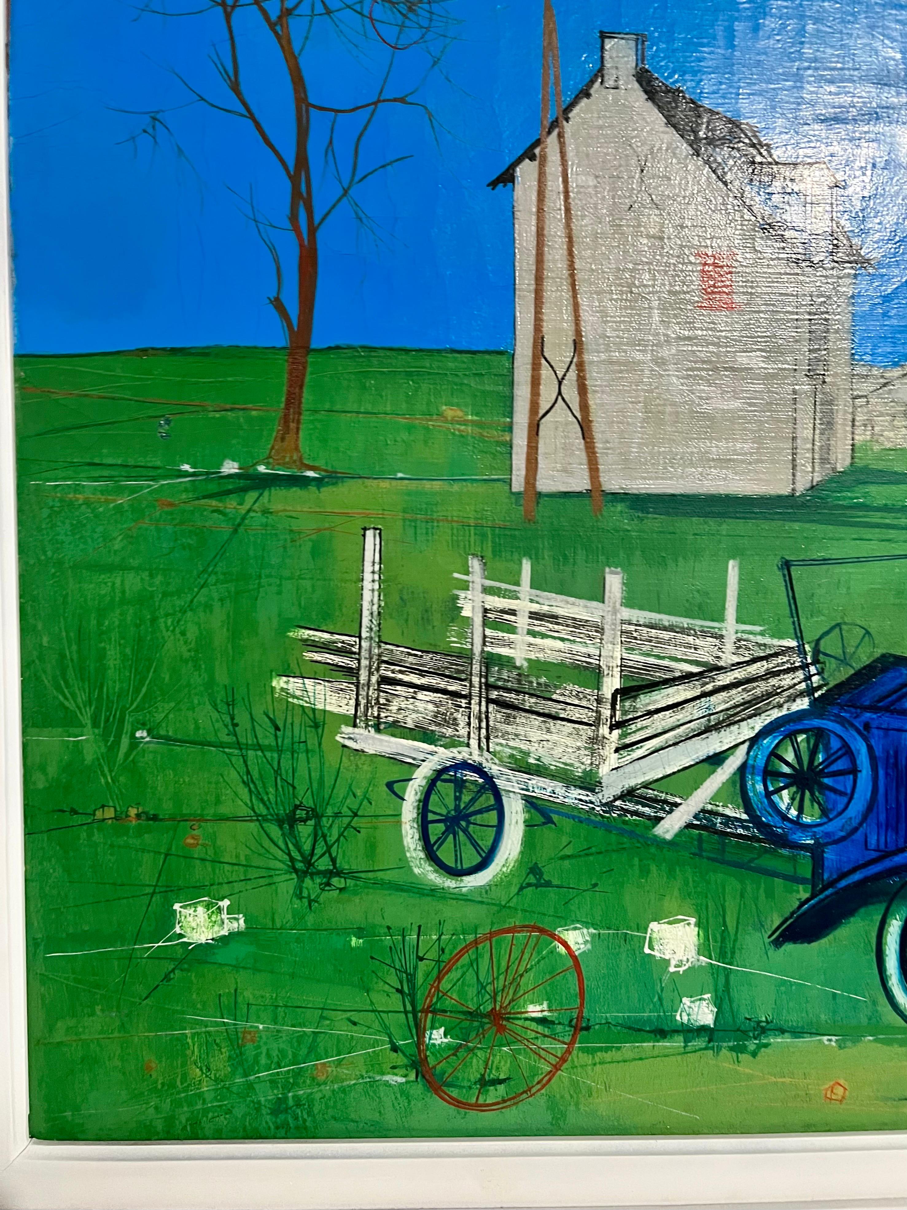 1950's Mid Century French Modernism Abandoned Fiat Automobile Art  Oil Painting For Sale 1