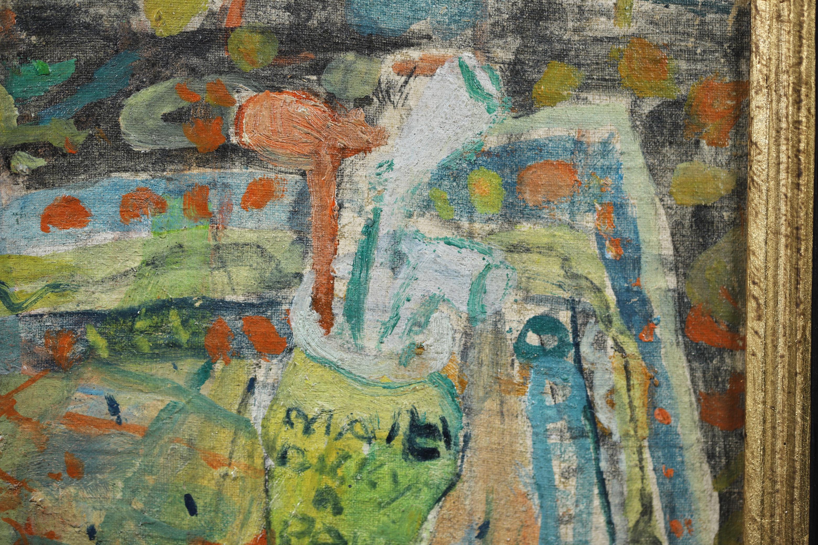 Ein wunderschönes Stillleben in Öl auf Leinwand des französischen Malers Jean Albert Pougny, das eine Pfeife in einem Topf auf einem gemusterten Tuch zeigt. Signiert unten rechts. Gerahmte Abmessungen sind 10 Zoll hoch und 9,5 Zoll