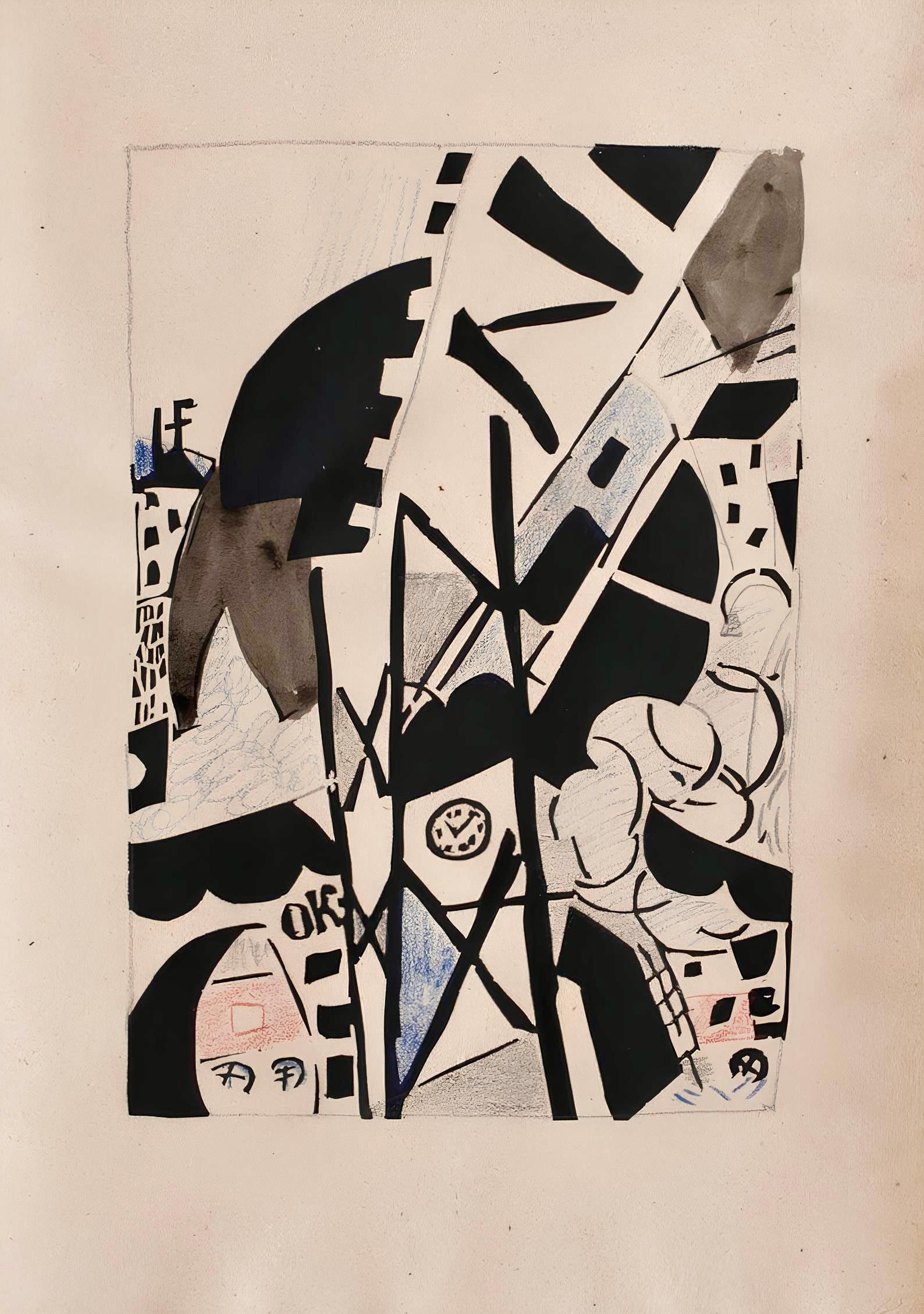 Pougny, Composition, Pougny, dix linogravures originales, 1914-1920 (after) - Beige Abstract Print by Jean Pougny (Ivan Puni)