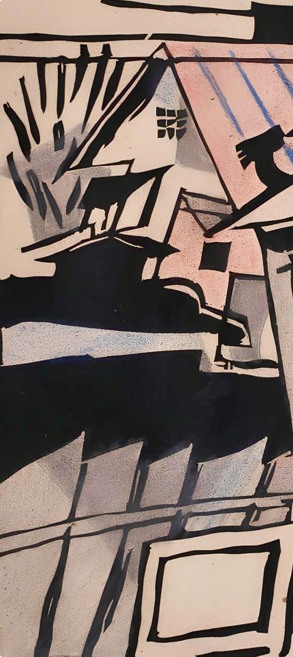 ugny, Composition, Pougny, linogravures originales au dix, 1914-1920 (après) - Beige Landscape Print par Jean Pougny (Ivan Puni)