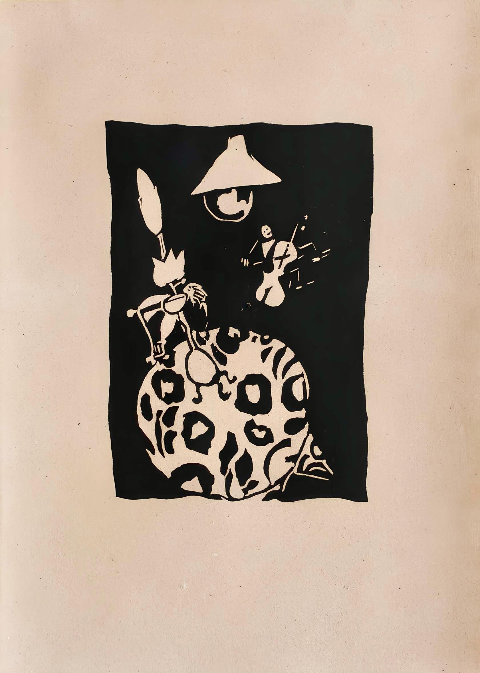 Linocut on vélin vergé ancien paper. Unsigned and unnumbered, as issued. Good condition. Notes: From the folio, Pougny, dix linogravures originales, 1964. Published by Au Vent d'Arles, Saint Paul de Vence; rendered by Cardin et Bogratchew, Paris;