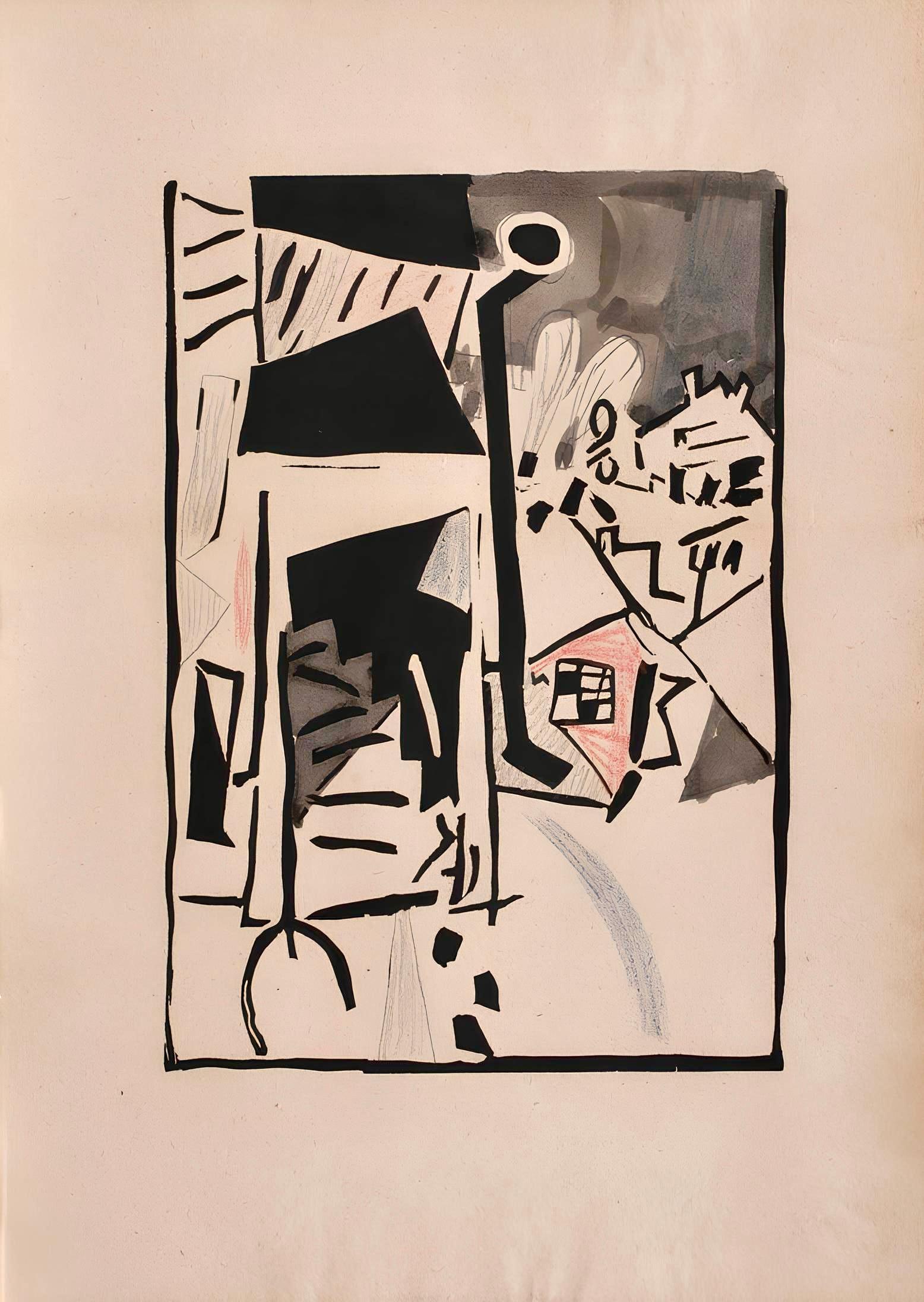 Linocut on vélin vergé ancien paper. Unsigned and unnumbered, as issued. Good condition. Notes: From the folio, Pougny, dix linogravures originales, 1964. Published by Au Vent d'Arles, Saint Paul de Vence; rendered by Cardin et Bogratchew, Paris;