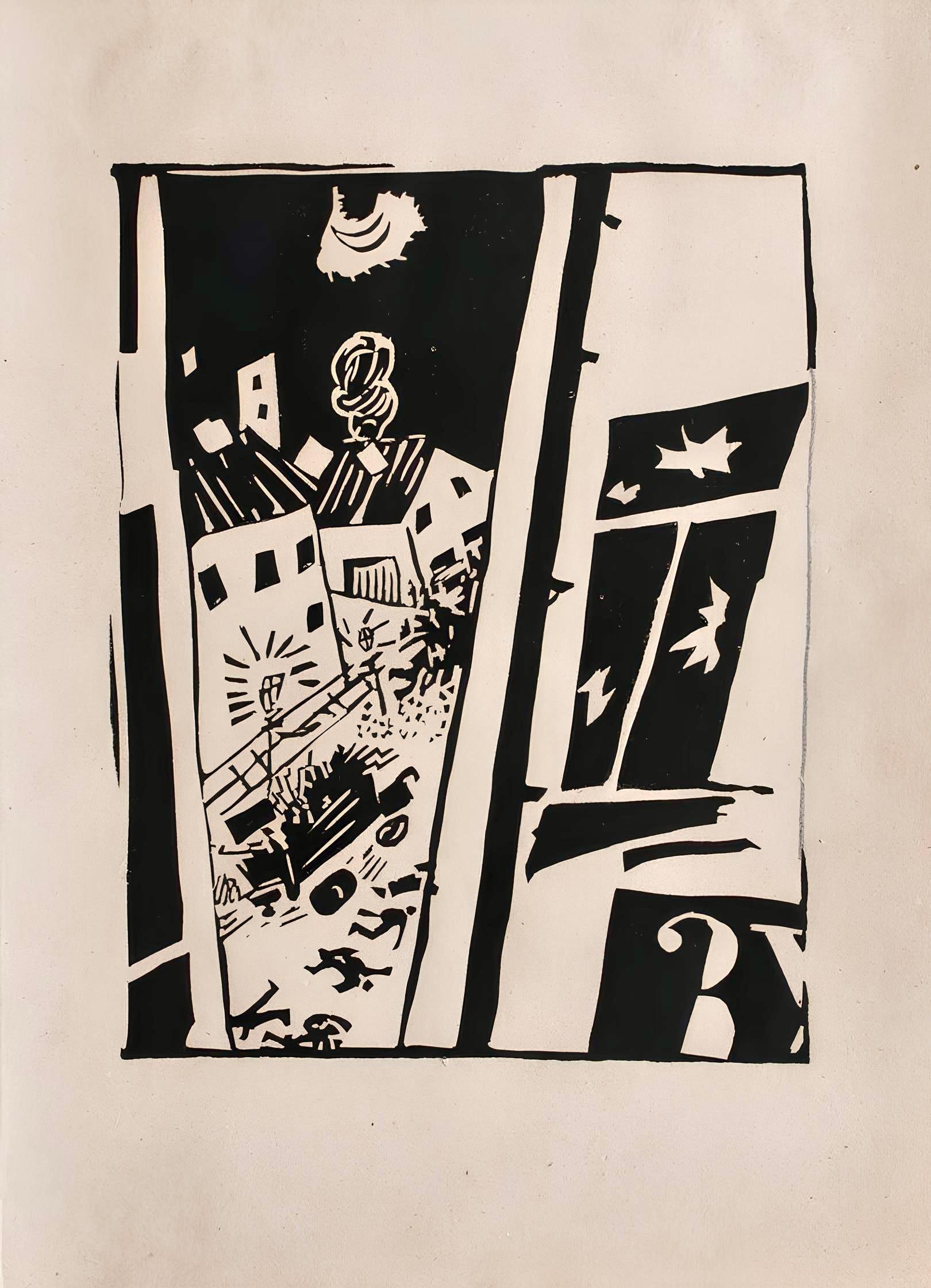 Linocut on vélin vergé ancien paper. Unsigned and unnumbered, as issued. Good condition. Notes: From the folio, Pougny, dix linogravures originales, 1964. Published by Au Vent d'Arles, Saint Paul de Vence; rendered by Cardin et Bogratchew, Paris;