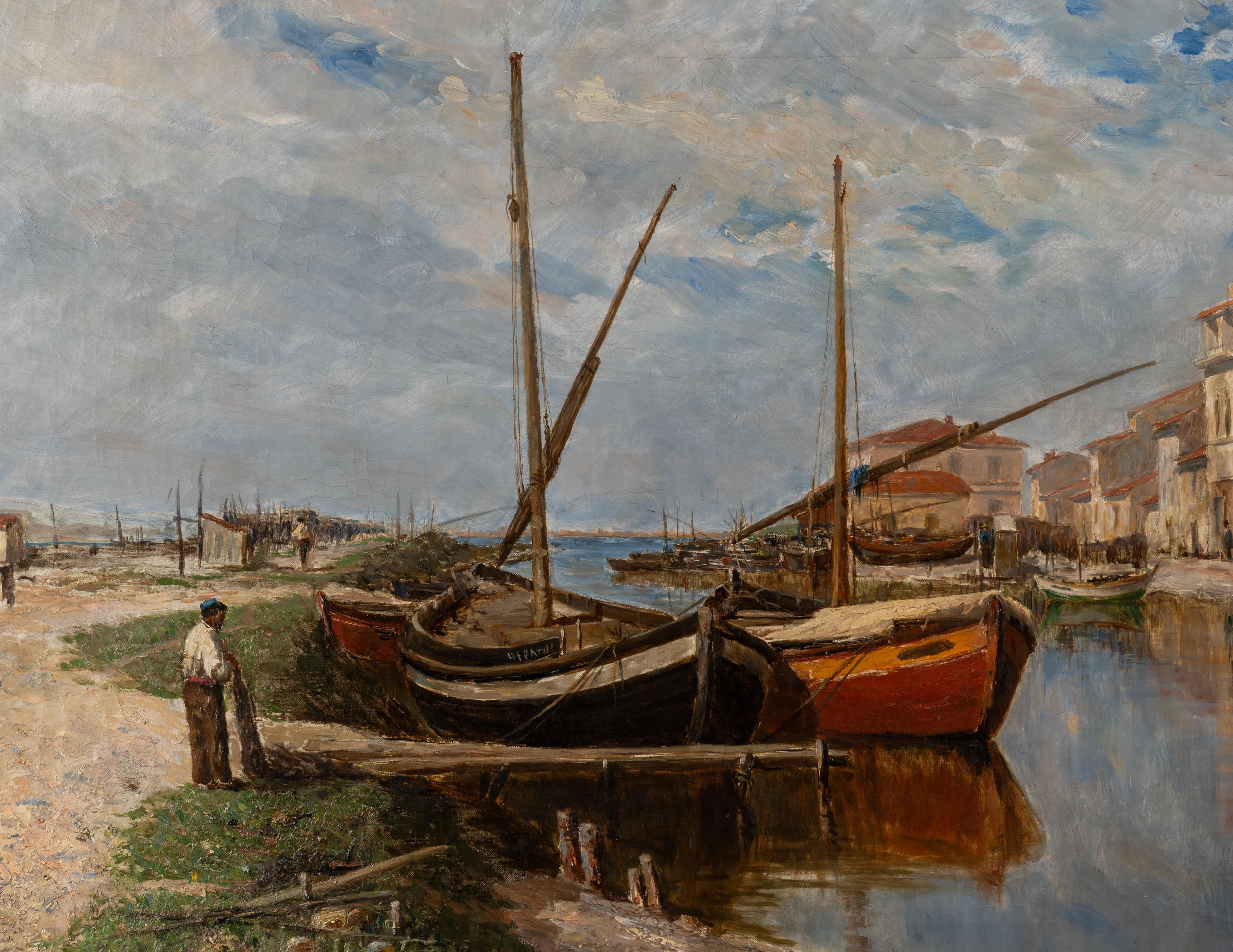 Jean Pradel
Französisch, 1835-1892
Port de Peche Mittelmeereanisch

Öl auf Leinwand
23 ¾ mal 39 ⅝ Zoll, mit Rahmen 33 ⅝ mal 49 ½ Zoll
Signiert unten rechts

Er stellte in zahlreichen Salons aus, darunter die Weltausstellung, der Salon de Paris und