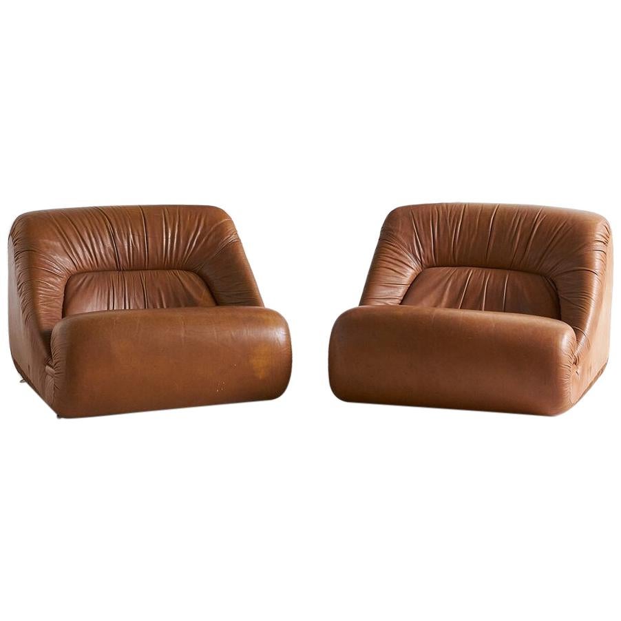 Jean Prevost Leather Lounge Chairs, Pair