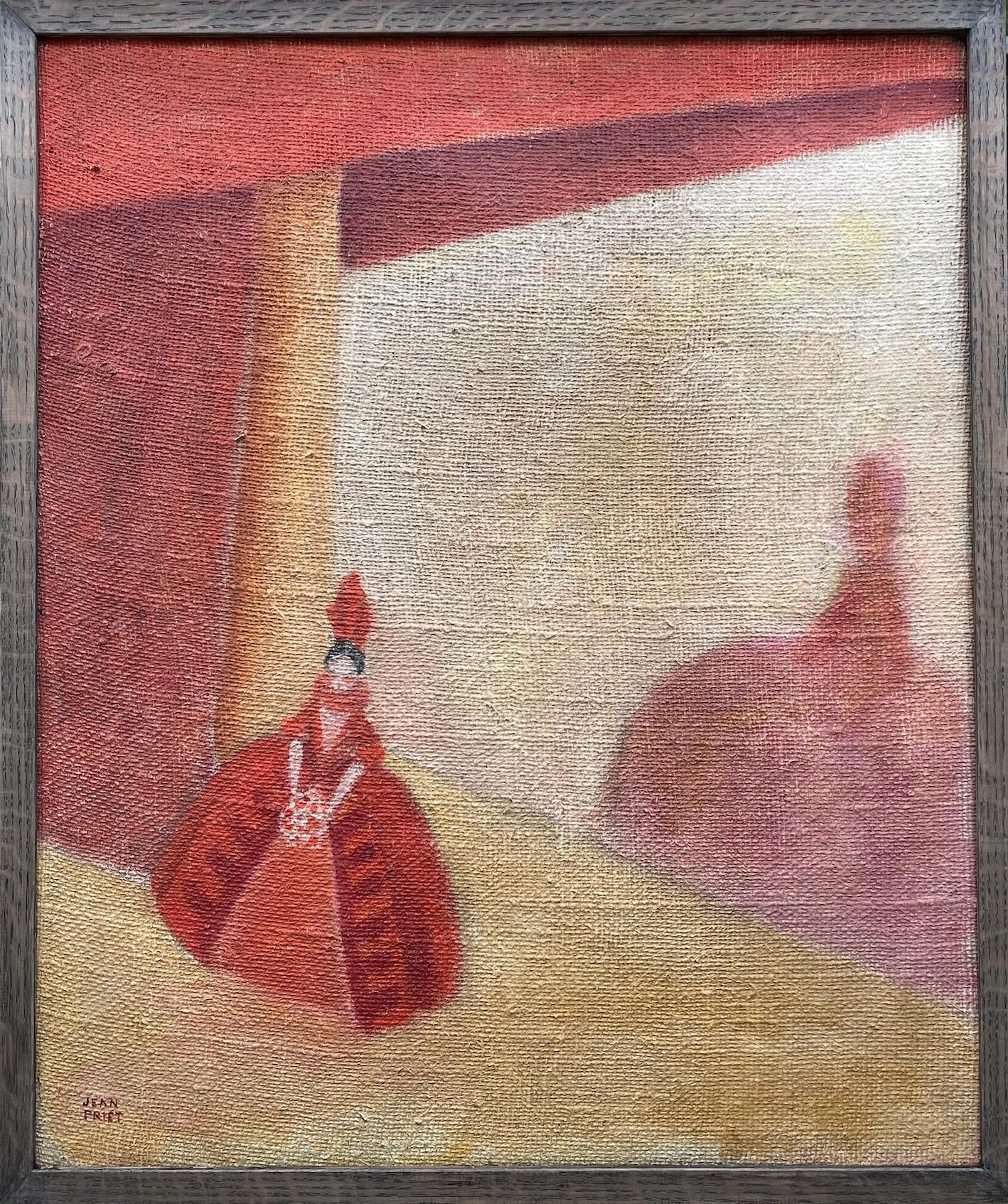 Jean Priet Interior Painting - On Stage: Art Deco Diva in Red, Paris Theatre, geometric modernist decor