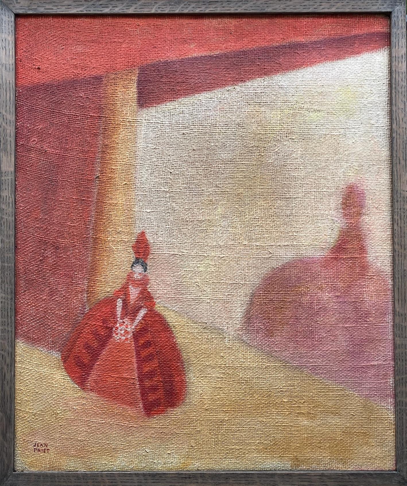 Interior Painting di Jean Priet - In scena: Diva in rosso Art Decor, Teatro di Parigi, arredamento geometrico modernista