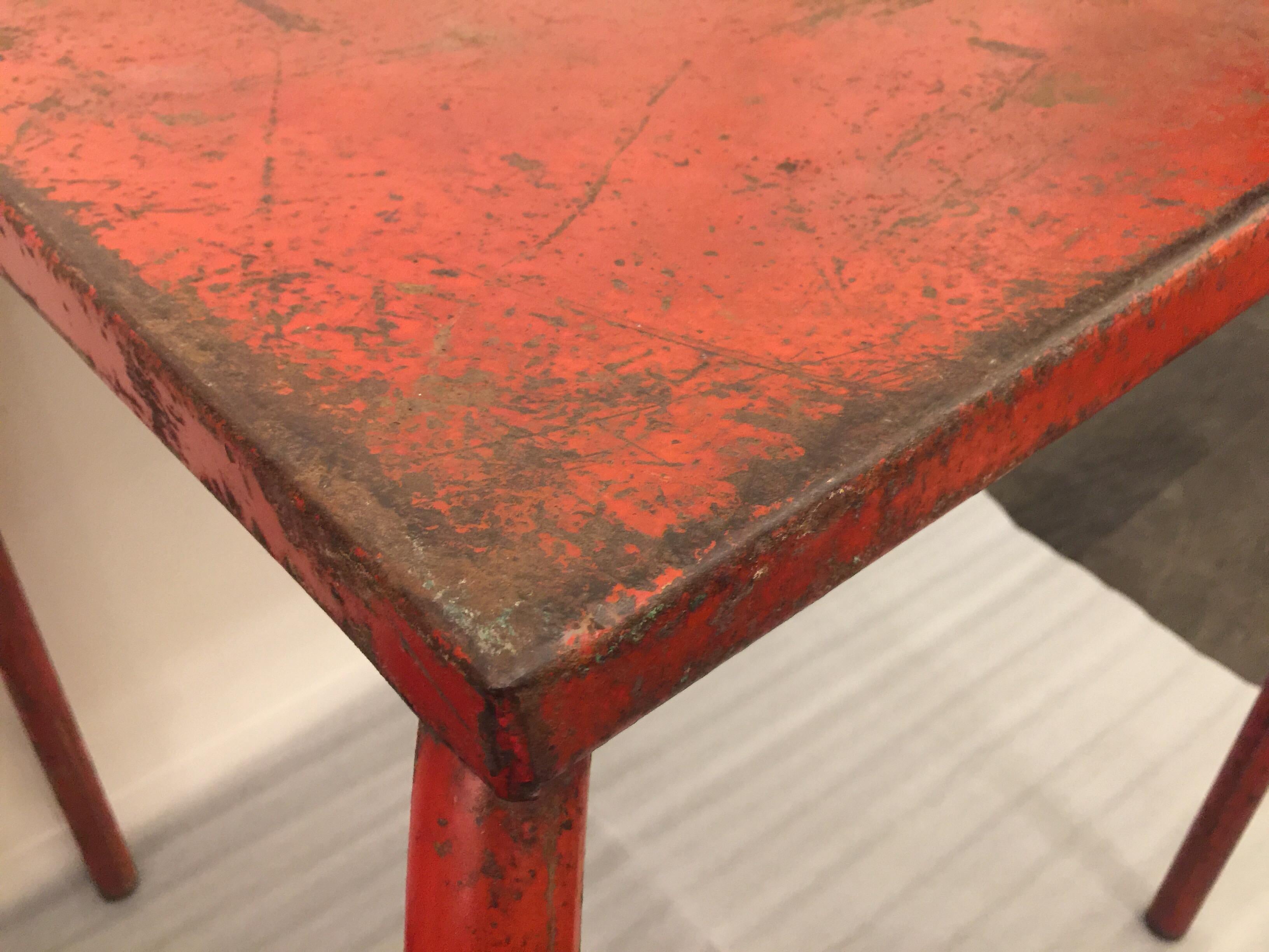 French Jean Prouvé Attributed Cafe Metal Table in Original Red