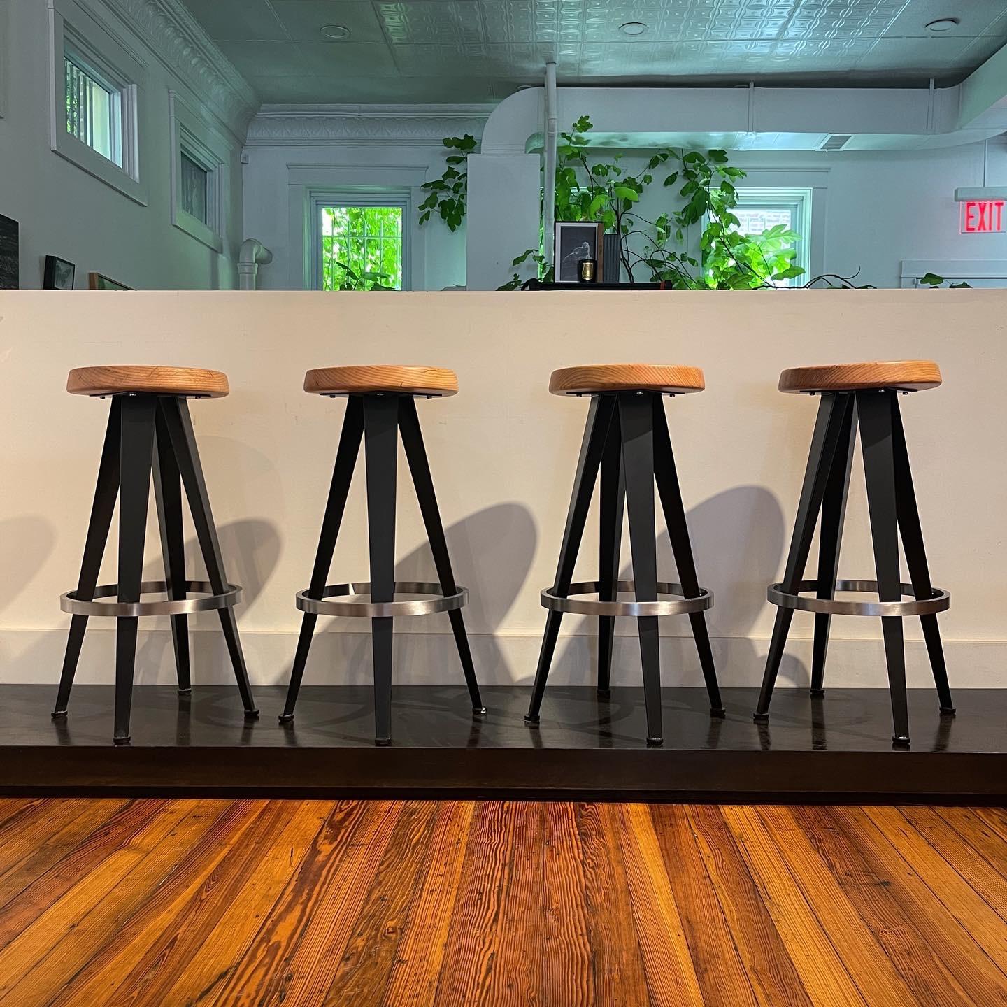 Bar stool after Jean Prouvé, ca. 1990 ( 4x available)

Black lacquered steel legs, polished steel circular footrests and solid oak seats with slightly concave centers

Price per stool : $3,150.00
Set of 4x  : $12,600.00