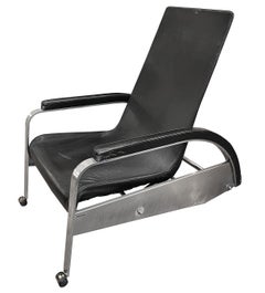 Jean Prouvé black leather Fauteuil de Grand Repos D80 Lounge Chair Steel 1981