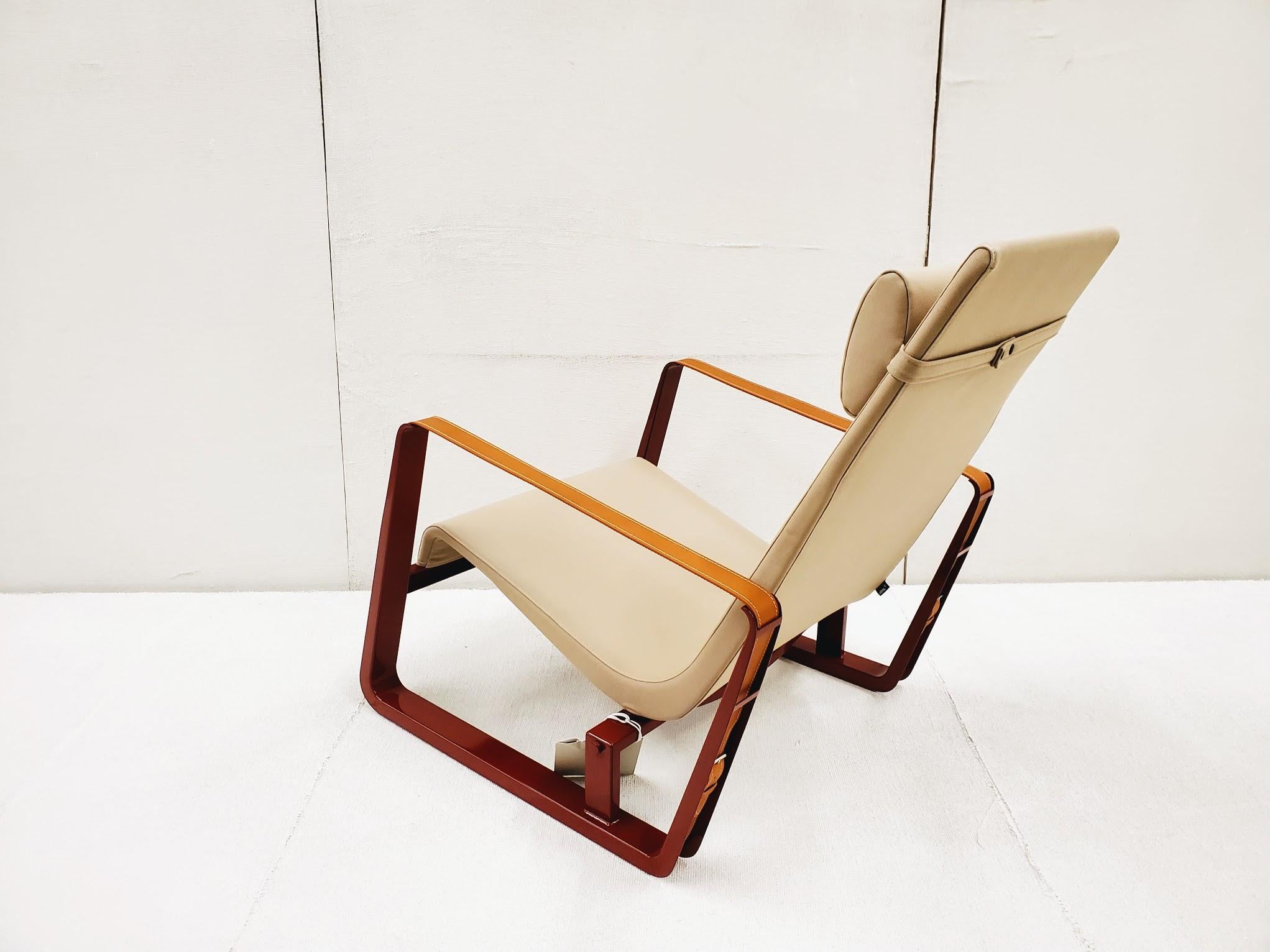 Jean Prouve Cité Armchair - Beige upholstery Japanese Red Base In Excellent Condition In Vancouver, BC