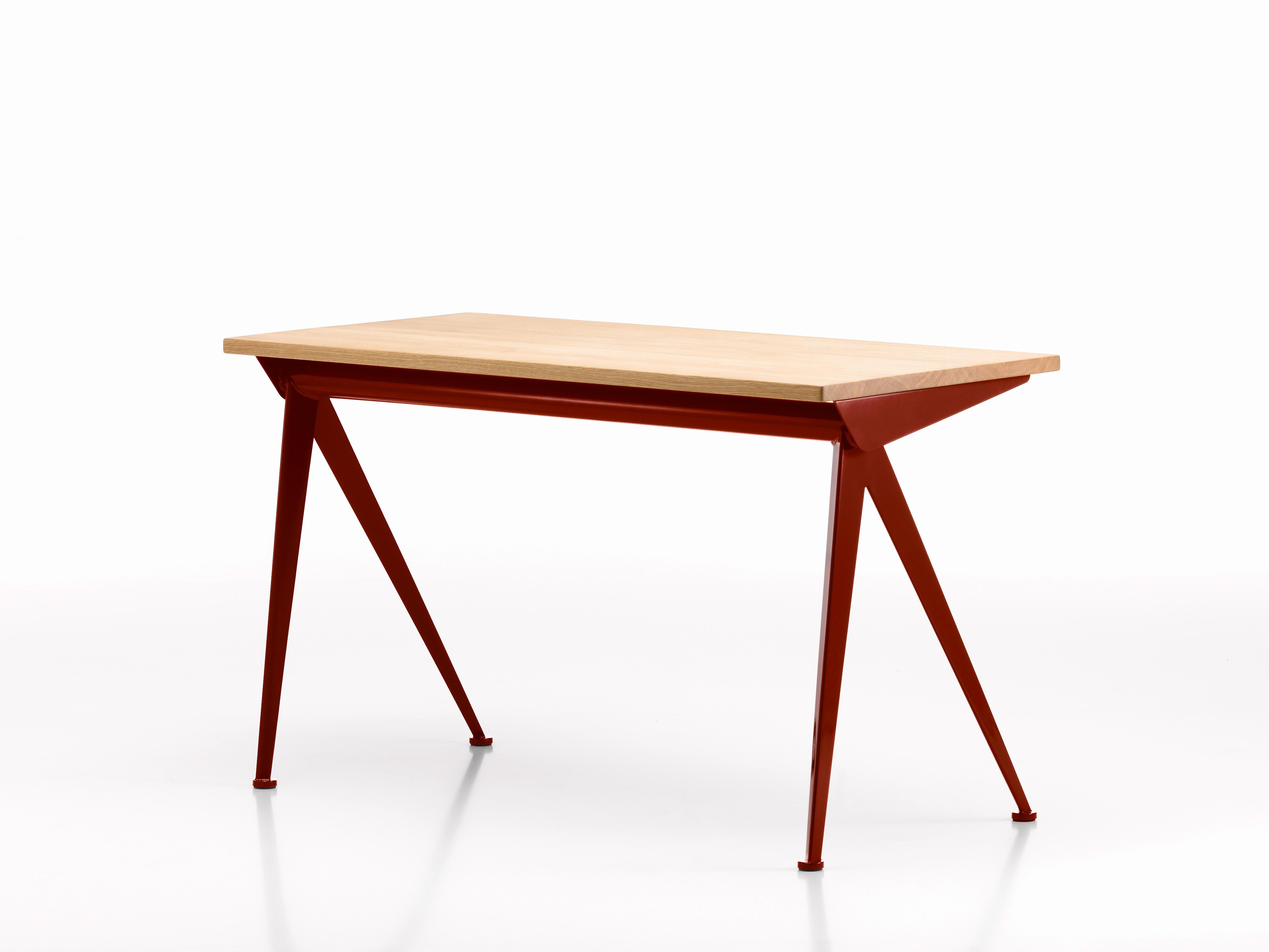 Jean Prouvé compas direction desk in natural oak and Japanese red metal for Vitra. Originally designed in 1953, Prouvé's iconic desk is based the design on the structural principles for which he is known. Common to all of them are the slender,