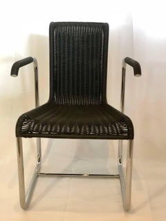 Jean Prouvé D20 Stainless Steel Leather Wicker Chairs for Tecta, Germany, 1980s