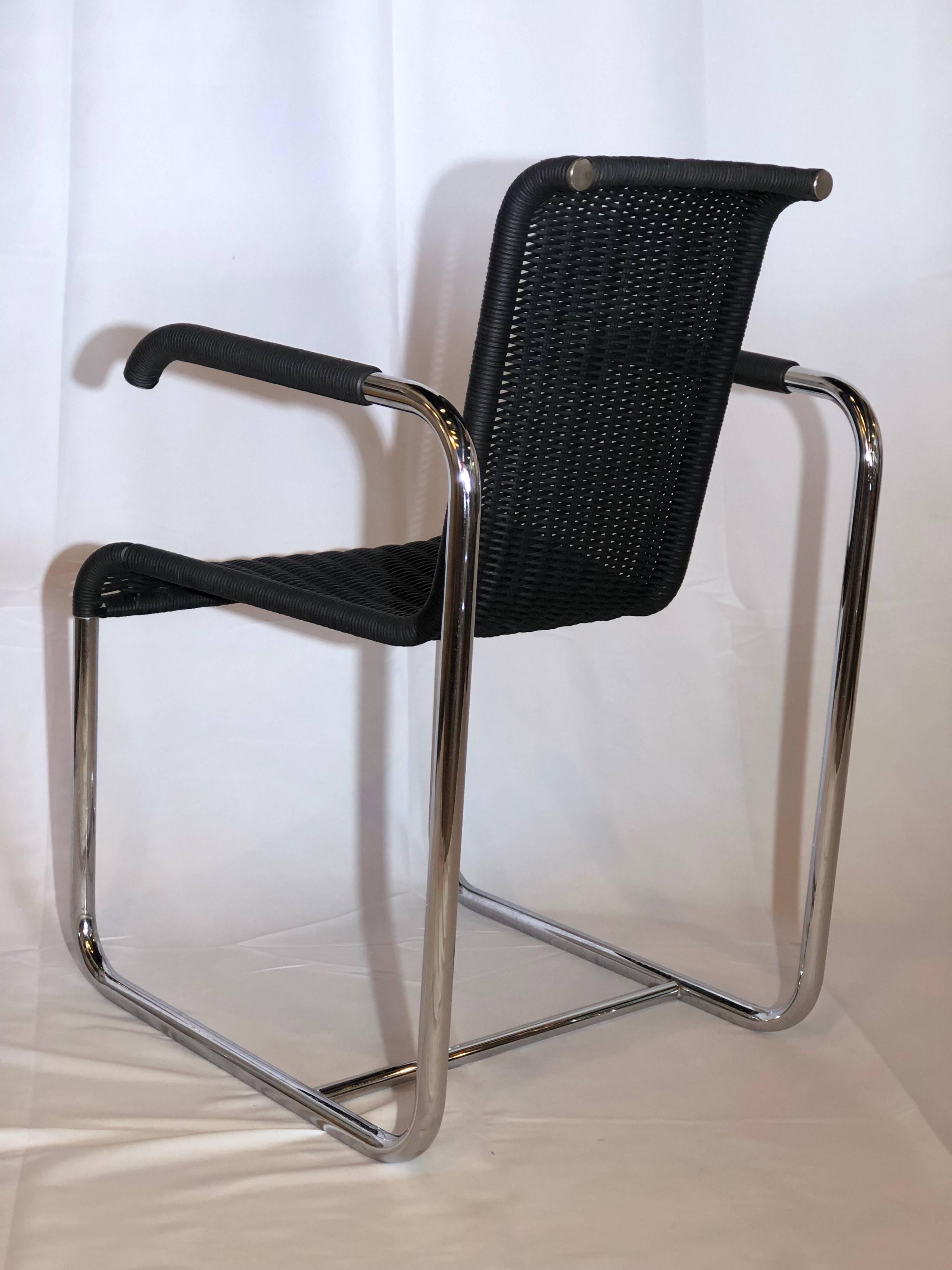 Mid-Century Modern Jean Prouvé D20 Stainless Steel Leather Wicker Chairs for Tecta, Germany, 1980s For Sale