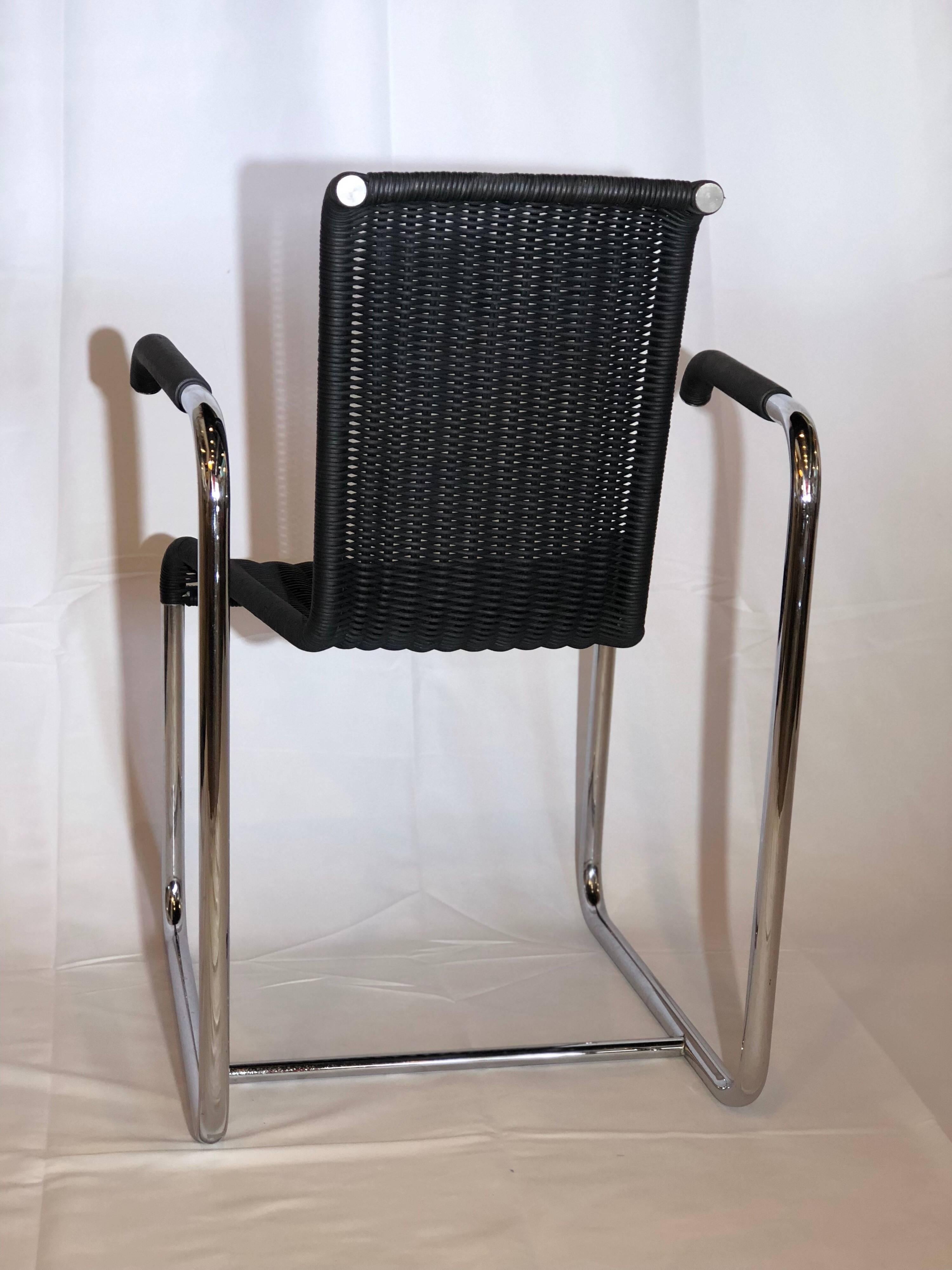 Jean Prouvé D20 Stainless Steel Leather Wicker Chairs for Tecta, Germany, 1980s For Sale 1