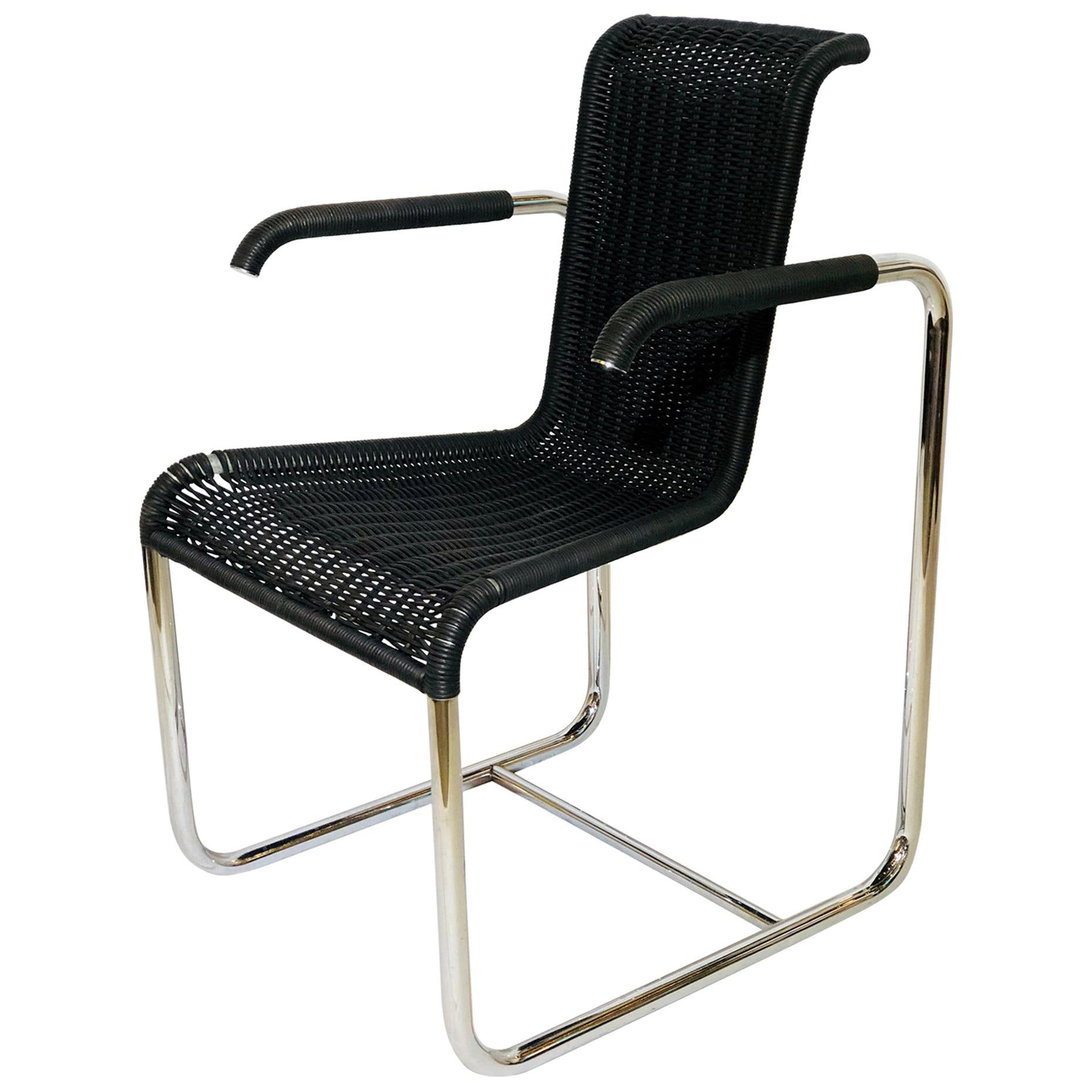 Jean Prouvé D20 Stainless Steel Leather Wicker Chairs for Tecta, Germany, 1980s For Sale