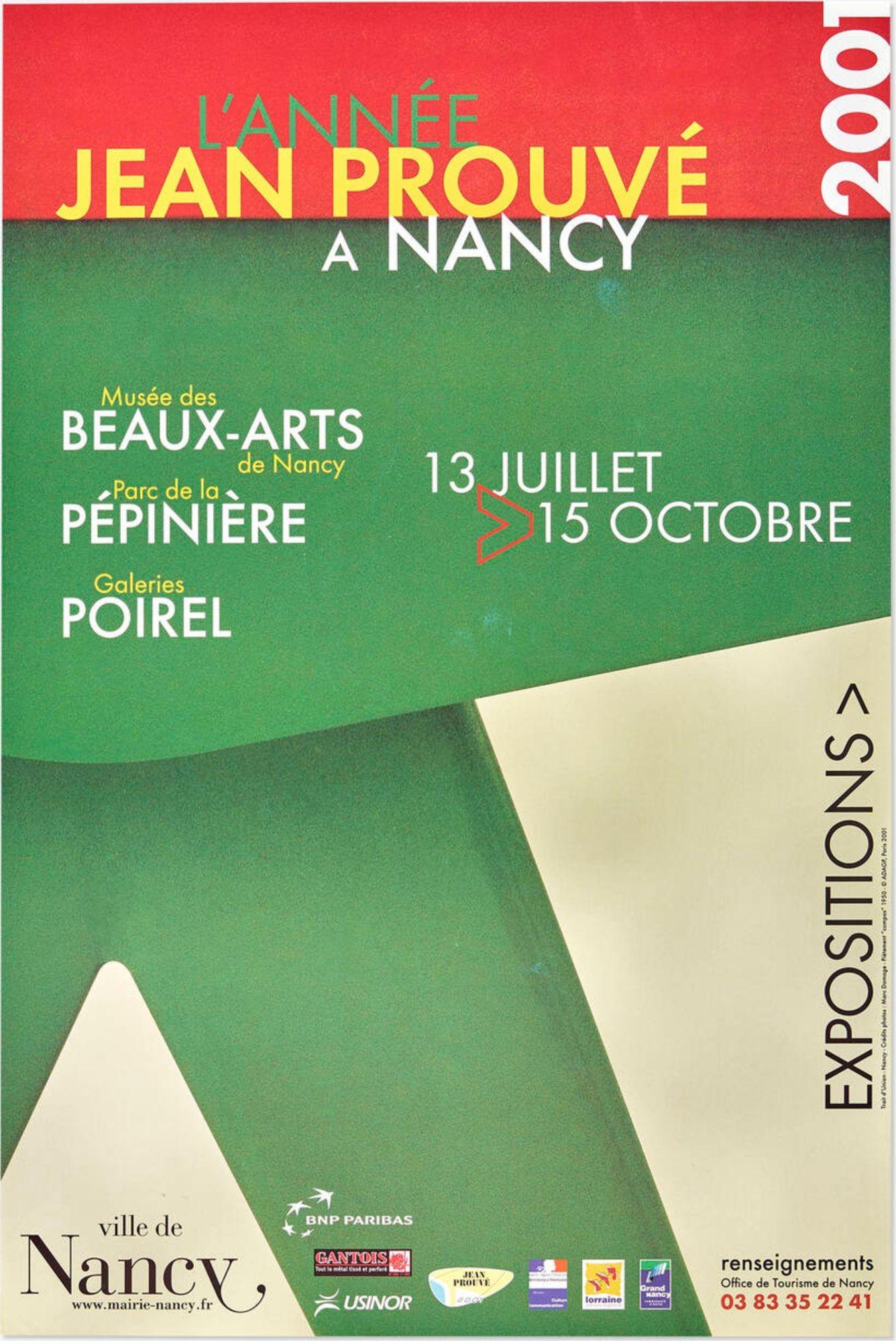 Set of Five Jean Prouvé Exhibition Posters, 1982–2001 — Important Provenance
Offset lithographs in color, issued for various exhibitions celebrating the work of Jean Prouvé from 1982 through 2001. A visually compelling group that charts the