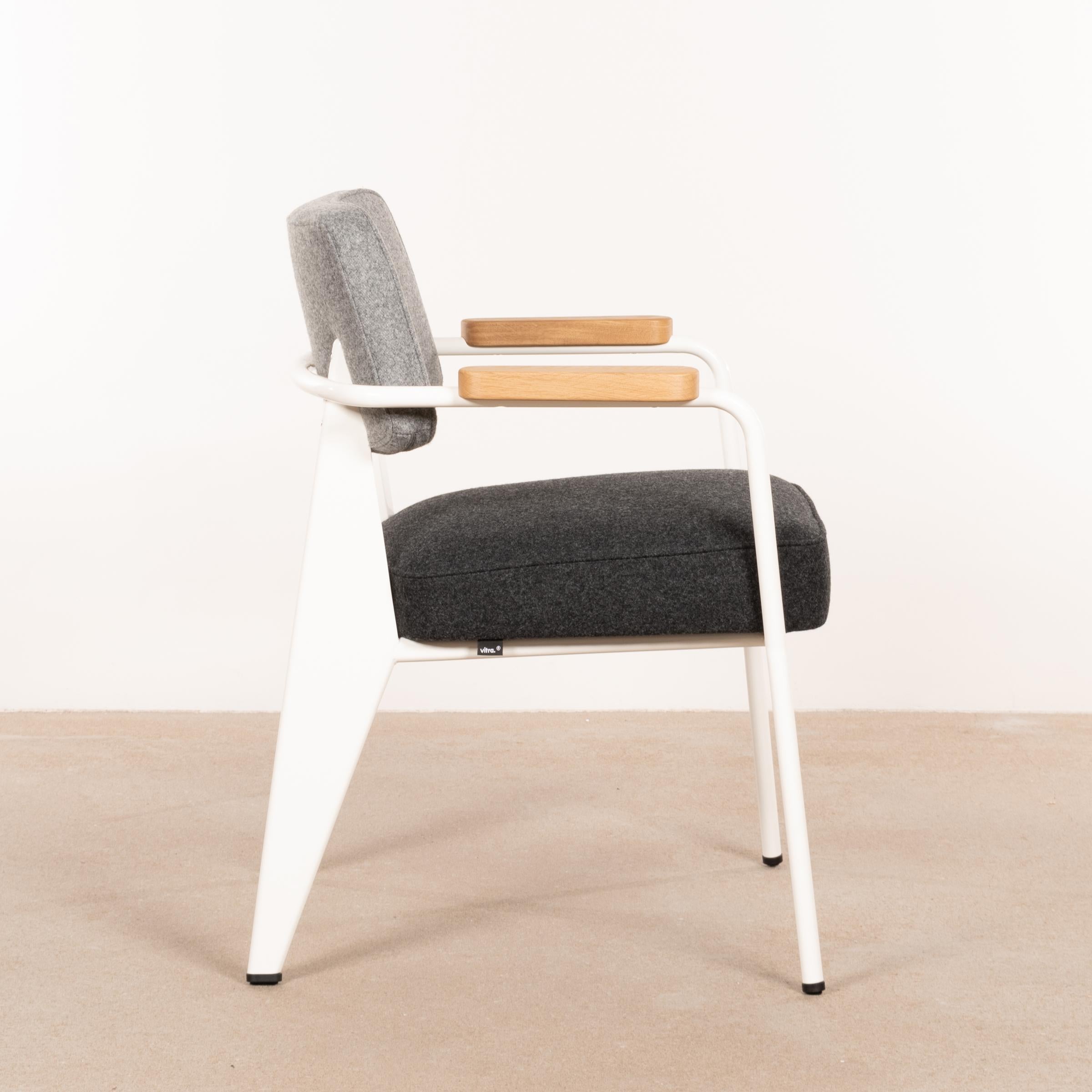 Powder-Coated Jean Prouvé Fauteuil Direction in White and Grey wool by Vitra
