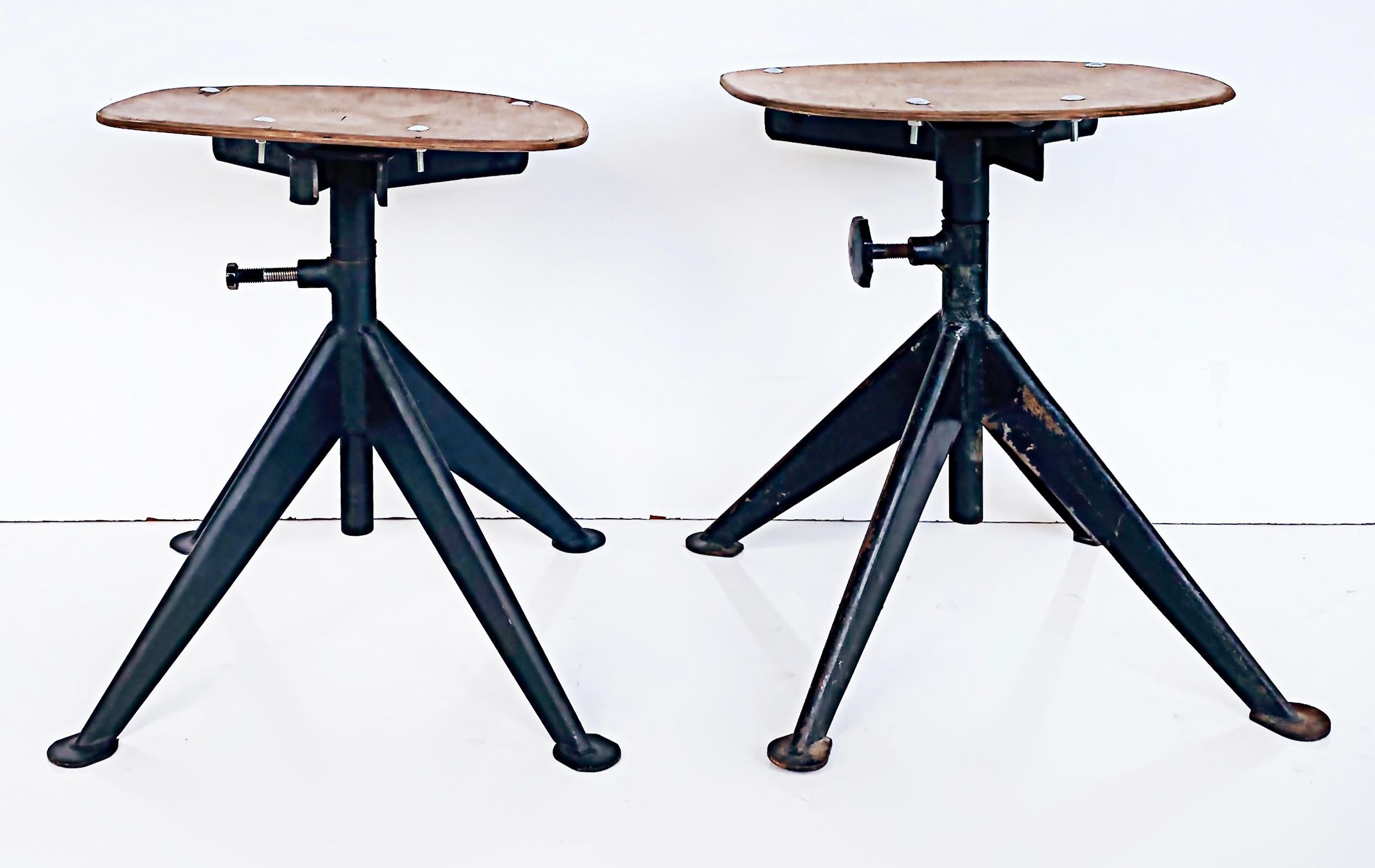 Jean Prouvé French Mid-Century Industrial Iron Stools, Adjustable, Wood Seats 6