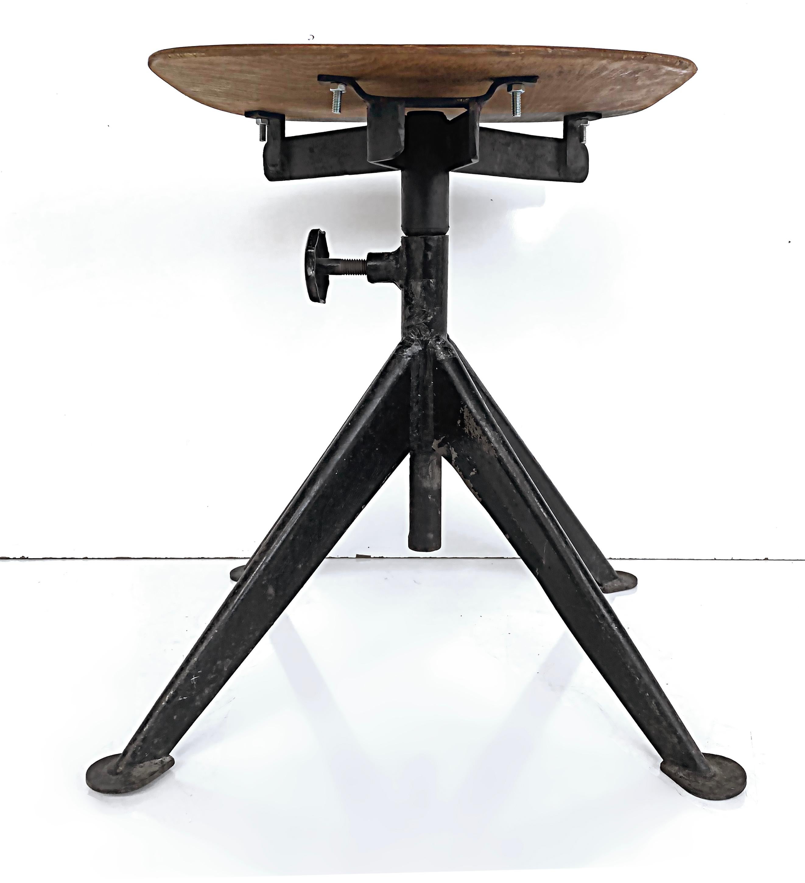 20th Century Jean Prouvé French Mid-Century Industrial Iron Stools, Adjustable, Wood Seats