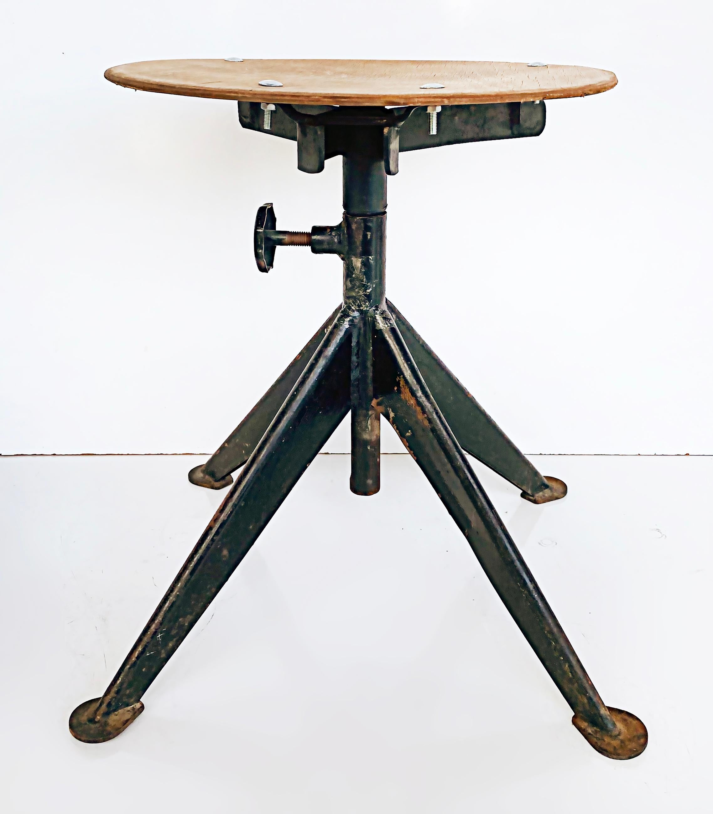 Jean Prouvé French Mid-Century Industrial Iron Stools, Adjustable, Wood Seats 1