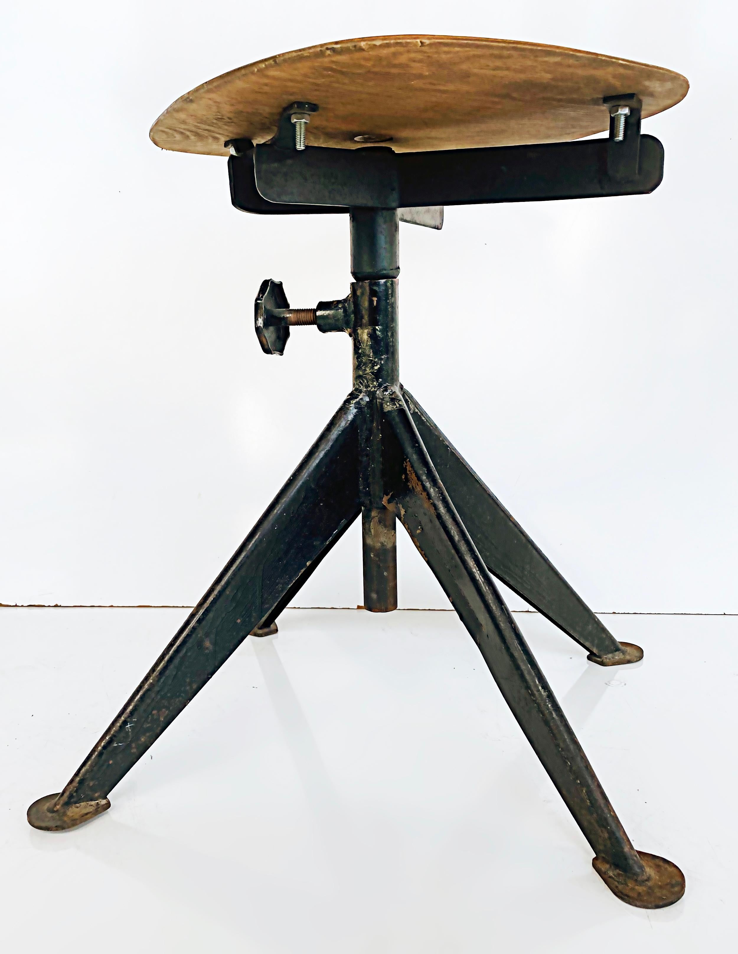 Jean Prouvé French Mid-Century Industrial Iron Stools, Adjustable, Wood Seats 5