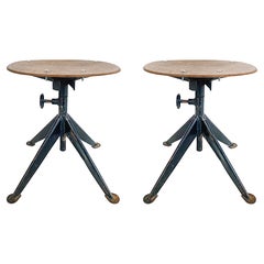 Jean Prouvé French Mid-Century Industrial Iron Stools, Adjustable, Wood Seats