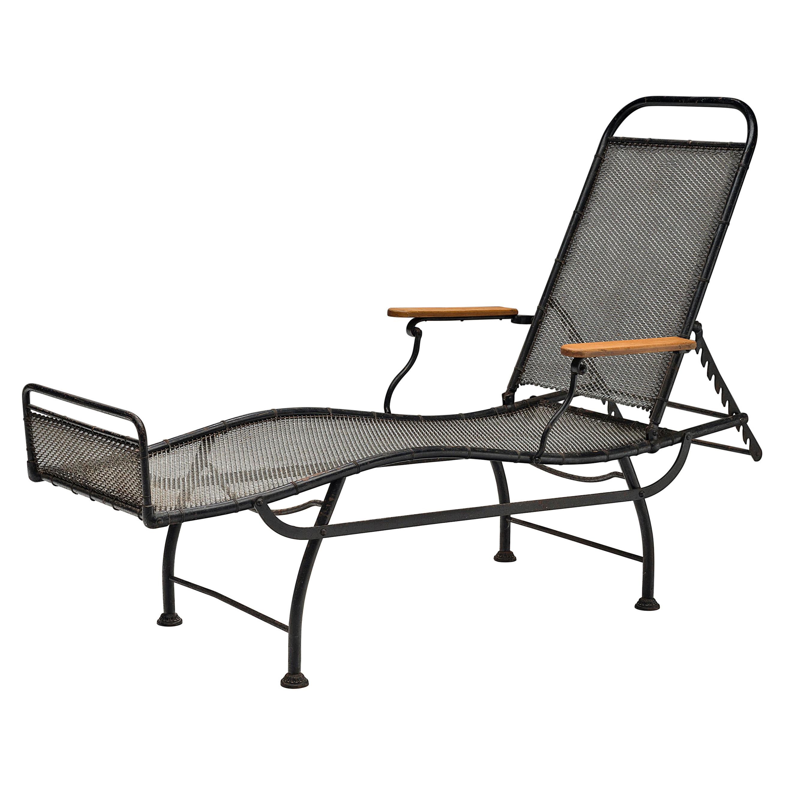 French Adjustable Chaise Longue in Black Metal and Wood