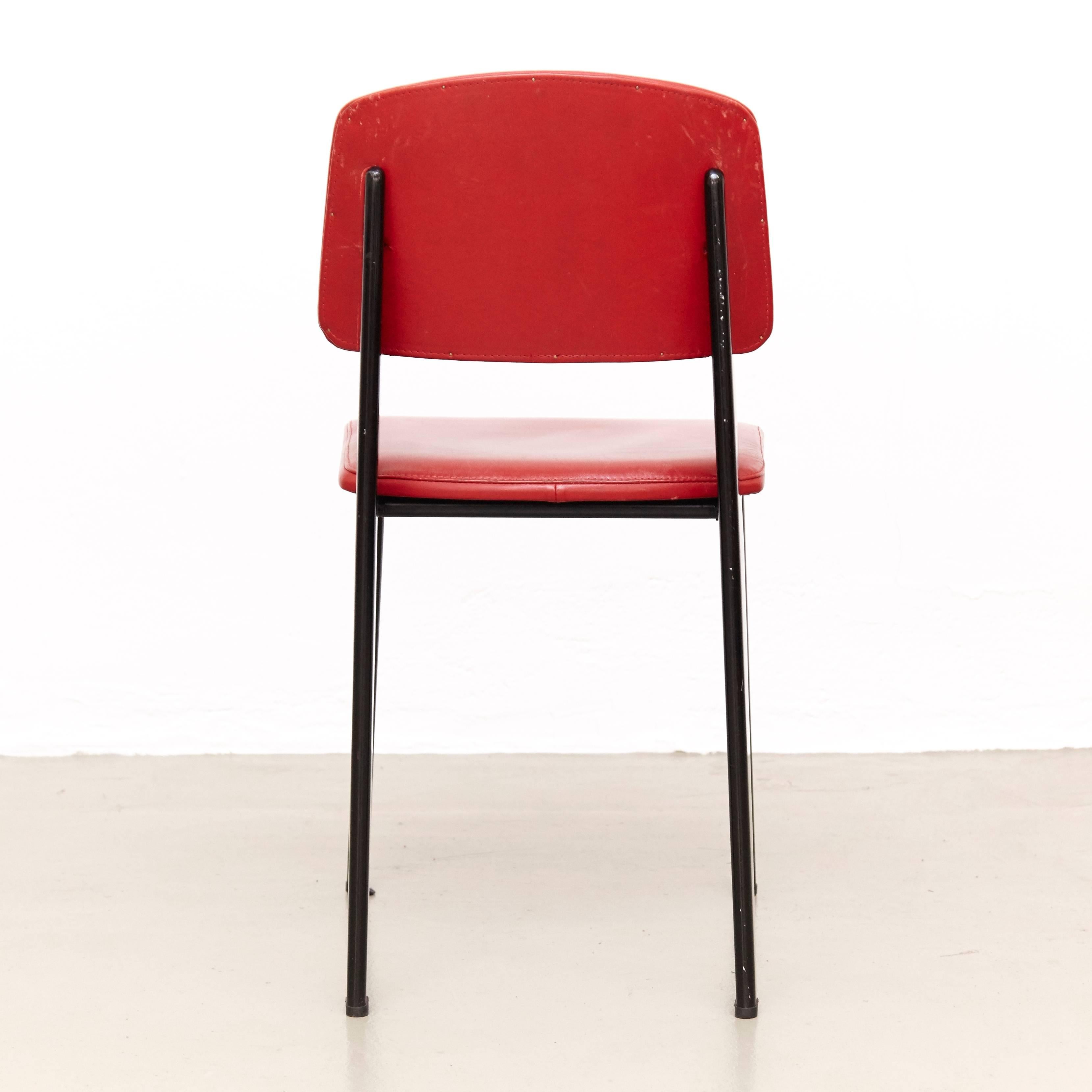 French Jean Prouvé Mid-Century Modern Red Upholstered Standard Chair, circa 1950