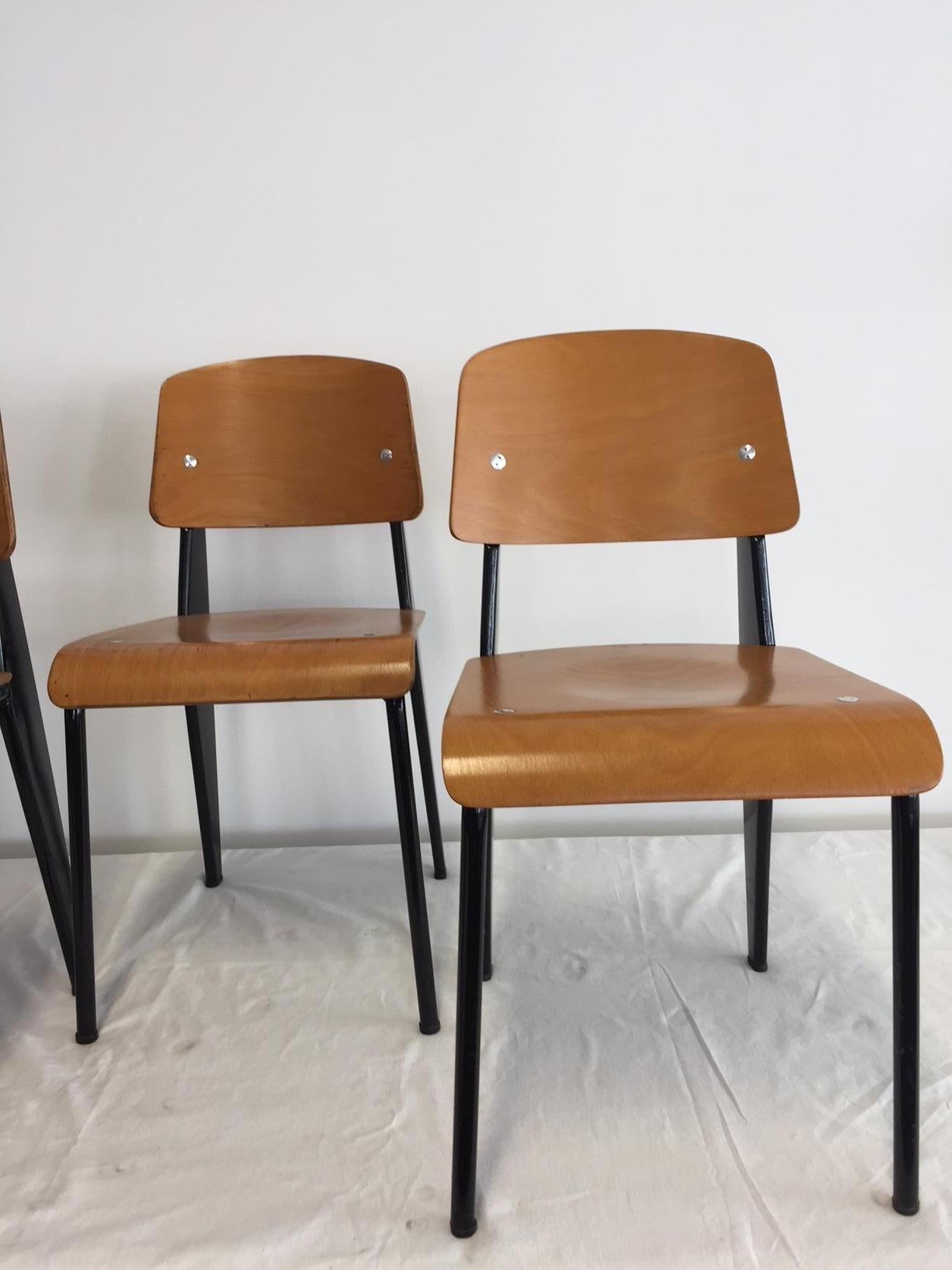 Mid-Century Modern Jean Prouvé Semi-Metal No. 305 Chairs Color Black Set of 4