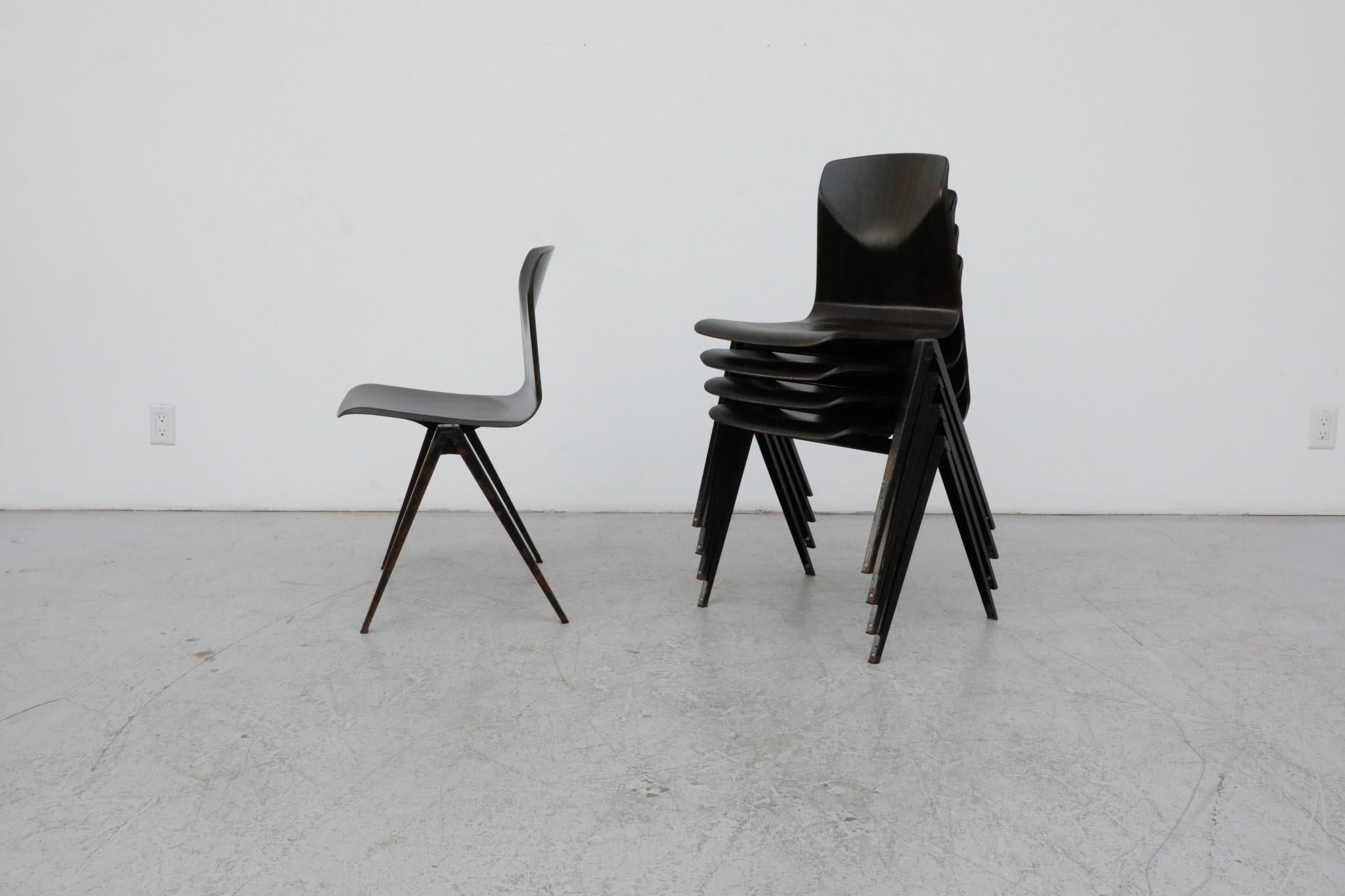 Mid-Century Modern Jean Prouve Style Dark Espresso Toned Industrial Stacking Chairs For Sale