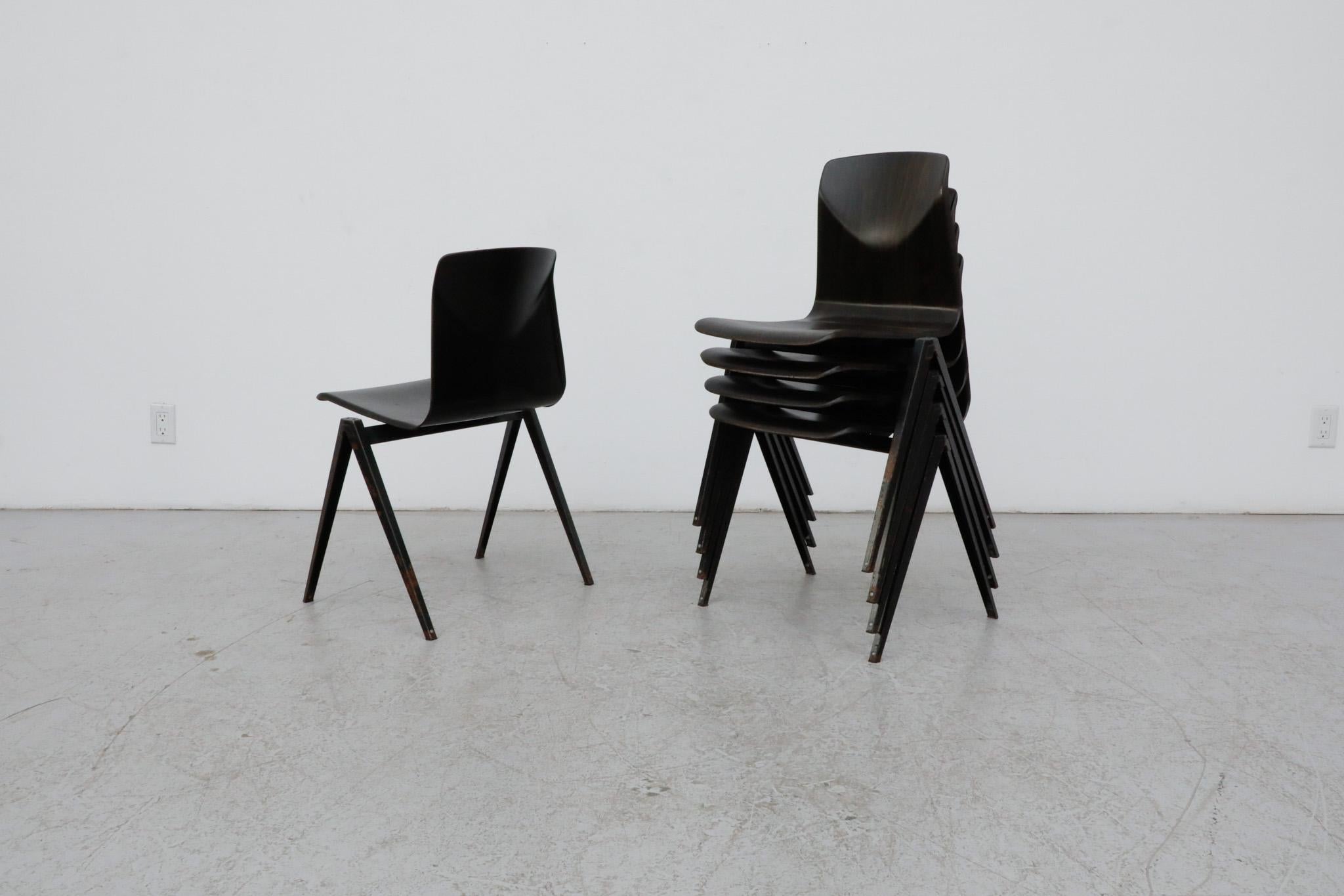 Dutch Jean Prouve Style Dark Espresso Toned Industrial Stacking Chairs For Sale