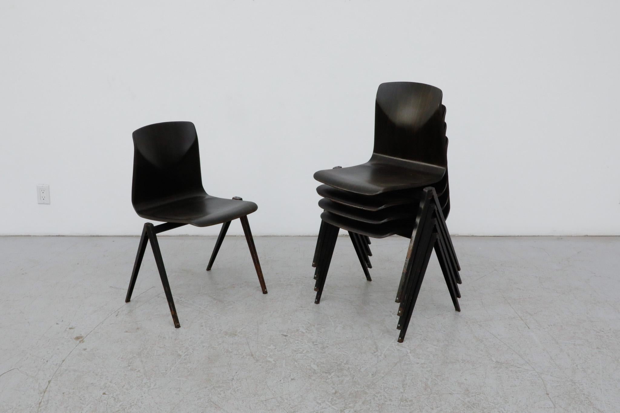 Jean Prouve Style Dark Espresso Toned Industrial Stacking Chairs In Good Condition For Sale In Los Angeles, CA