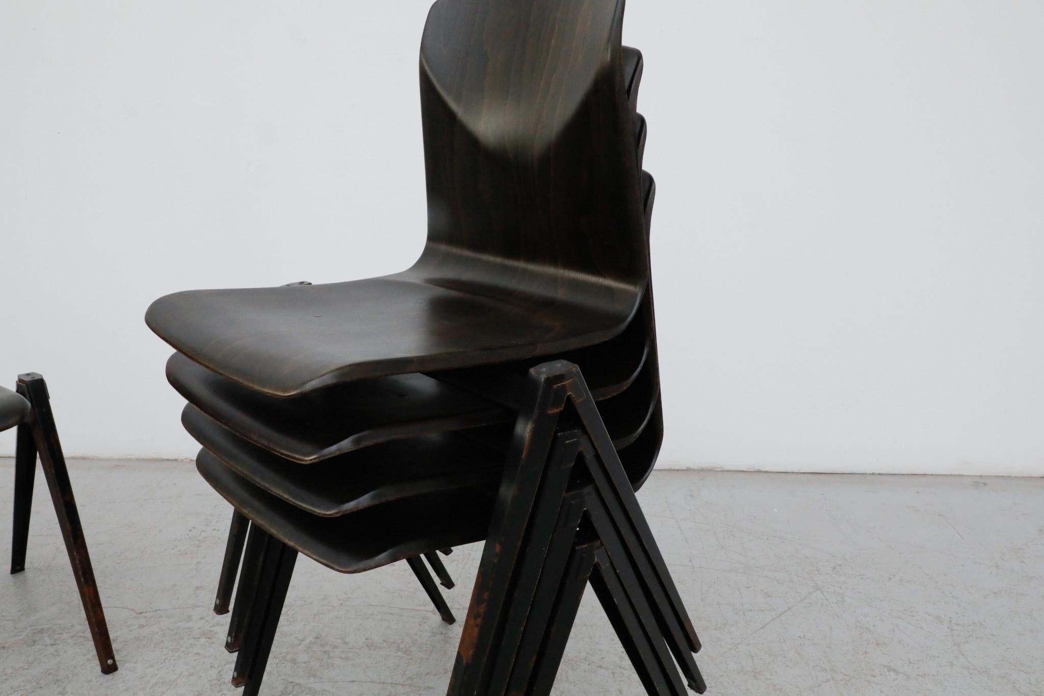 Mid-20th Century Jean Prouve Style Dark Espresso Toned Industrial Stacking Chairs For Sale