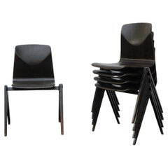 Retro Jean Prouve Style Dark Espresso Toned Industrial Stacking Chairs