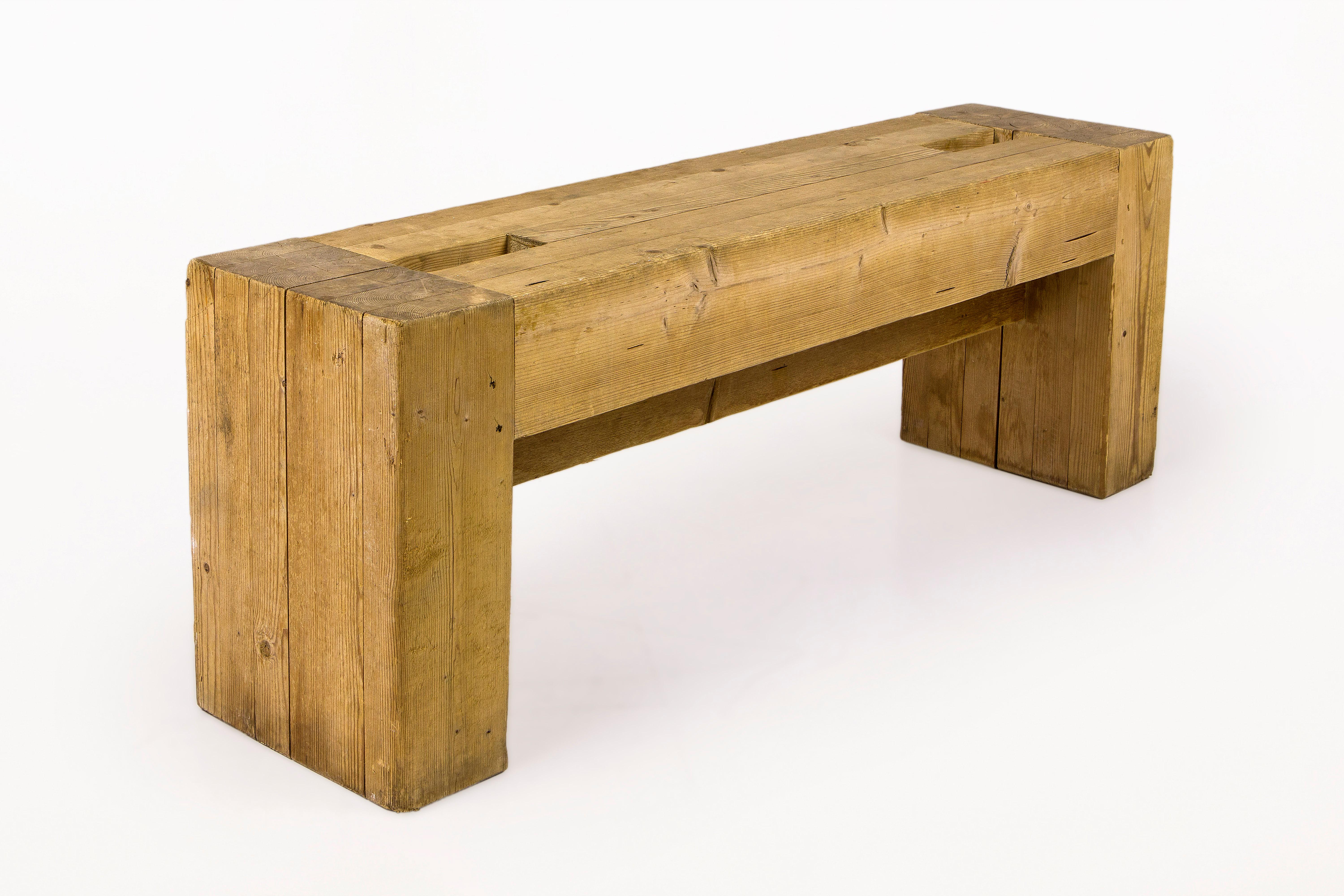 Jean Prouvé with Guy Rey-Millet, 
Set of a pair of stools and one bench, 
Wood, 
Refuge de la Vanoise, CAF, Les Arcs, 
circa 1967, France. 

Measure: 
Bench: Height 43 cm, width 123 cm, depth 30 cm. 
Stools: Height 43 cm, width 30 cm, depth 30