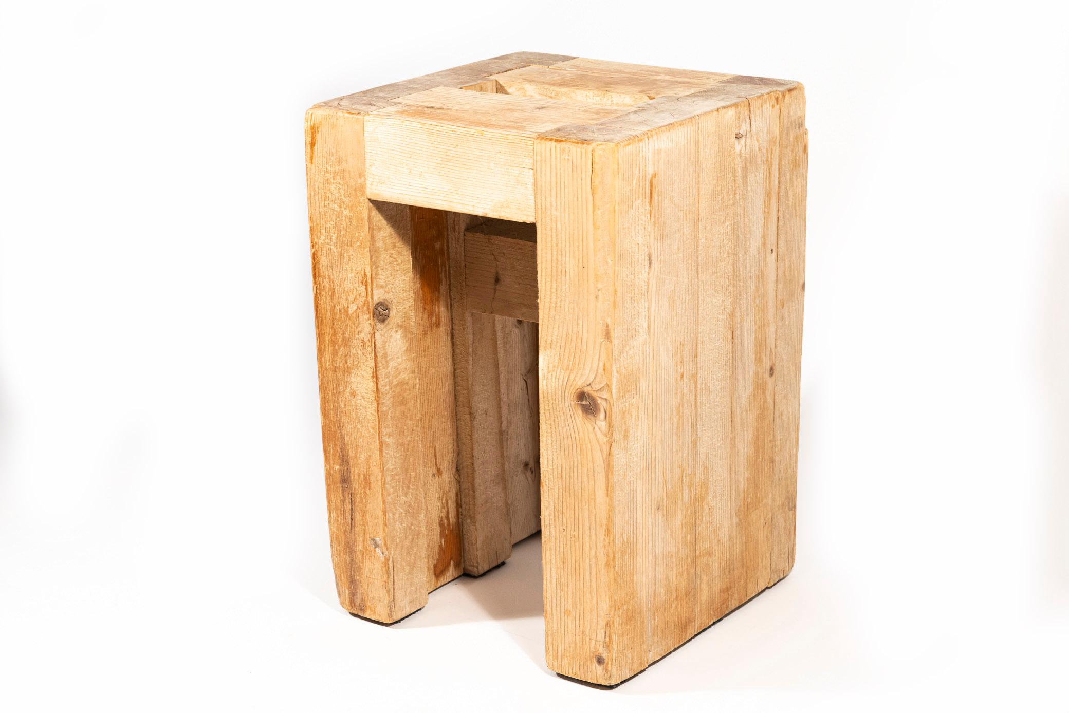 Jean Prouvé with guy Rey-Millet, Stool, wood, Refuge de la Vanoise, CAF, Les Arcs, circa 1967, France. 

Measure: Height 43 cm, width 30 cm, depth 30 cm. 

Similar model: Atelier d'architecture en Montagne (AAM) par Jean Prouvé dans Les Alpes et