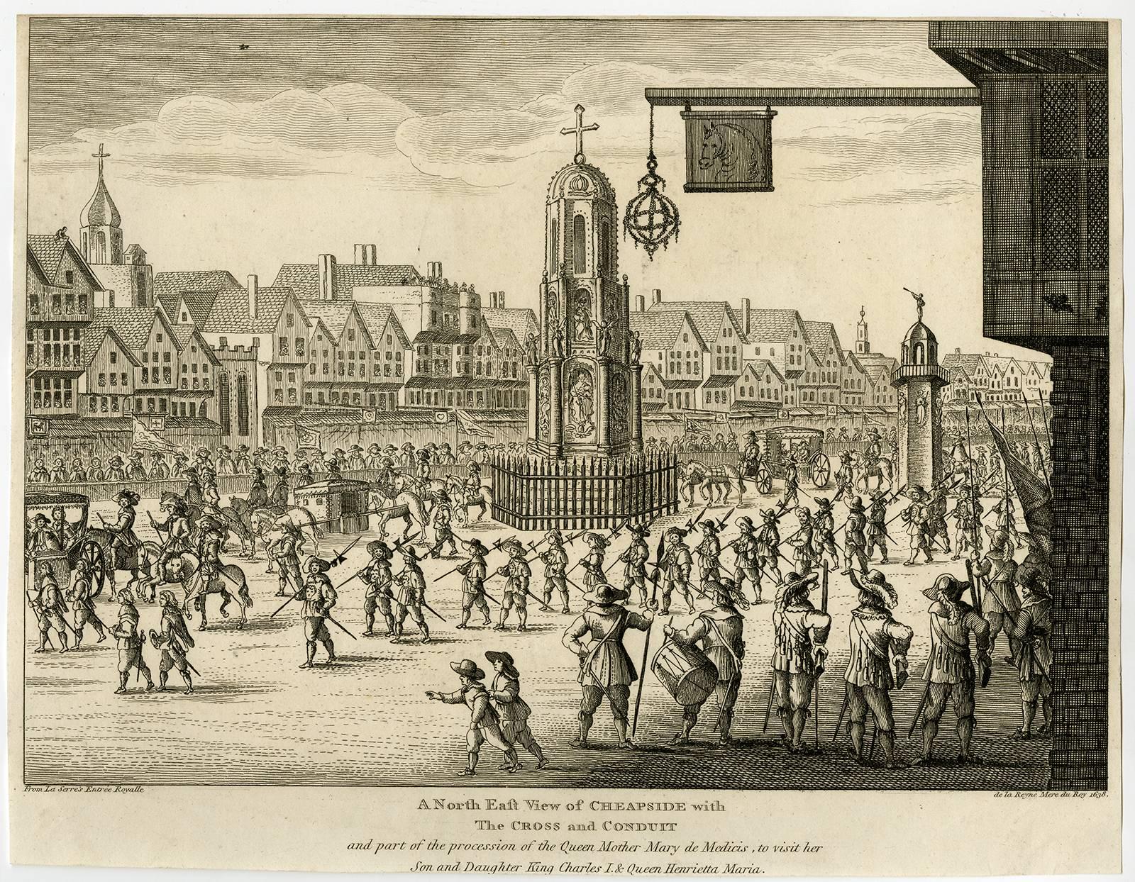 Jean-Puget de la Serre Print - A north east view of Cheapside with the Cross and Conduit.