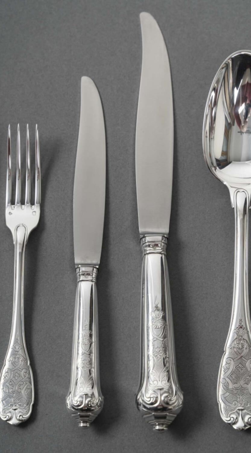 JEAN PUIFORCAT – 72-Pieces Solid Silver Cutlery Set – ELYSEE Model, unnumbered. In Good Condition In SAINT-OUEN-SUR-SEINE, FR