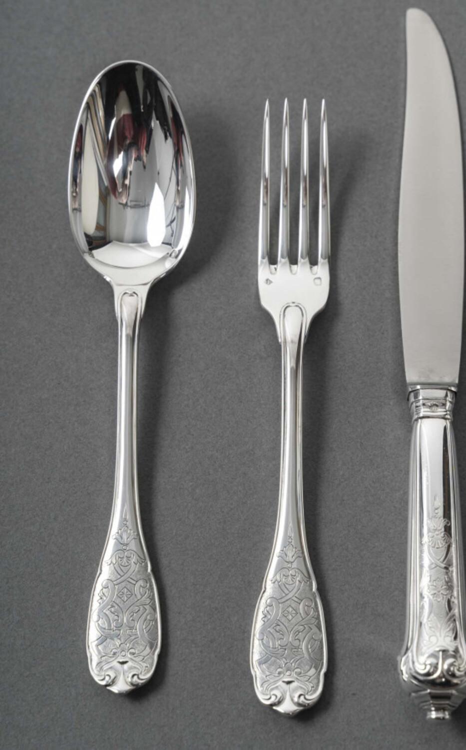 Mid-20th Century JEAN PUIFORCAT – 72-Pieces Solid Silver Cutlery Set – ELYSEE Model, unnumbered.