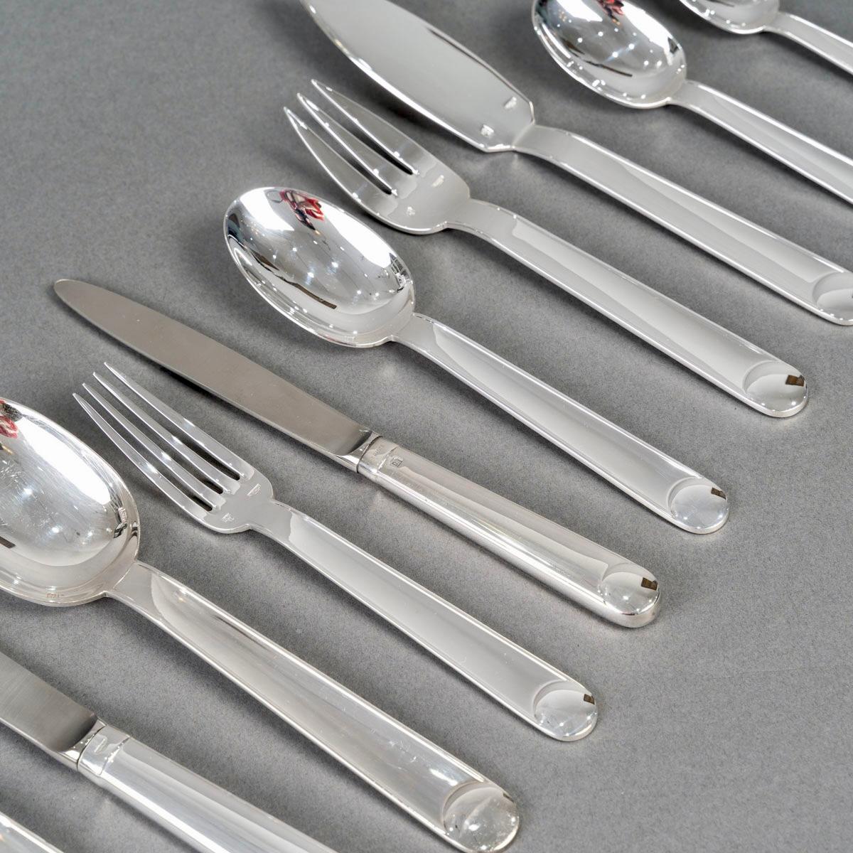 French Jean Puiforcat Art Deco Cutlery Flatware Normandie Plated 8 People 92 Pieces