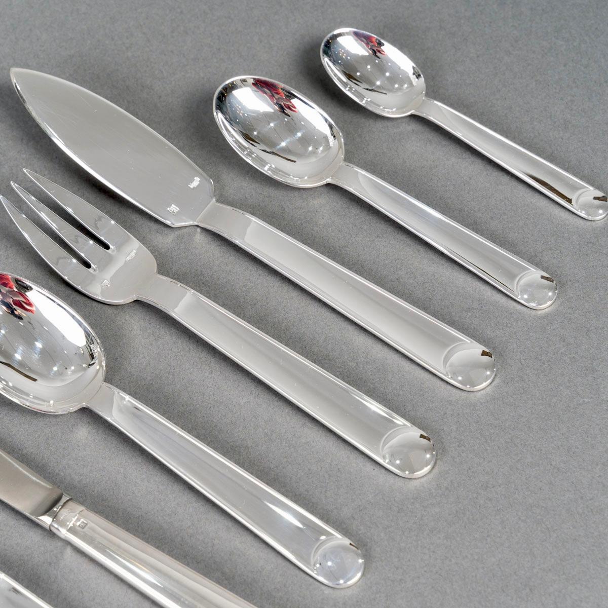 Jean Puiforcat Art Deco Cutlery Flatware Normandie Plated 8 People 92 Pieces In Good Condition In Boulogne Billancourt, FR