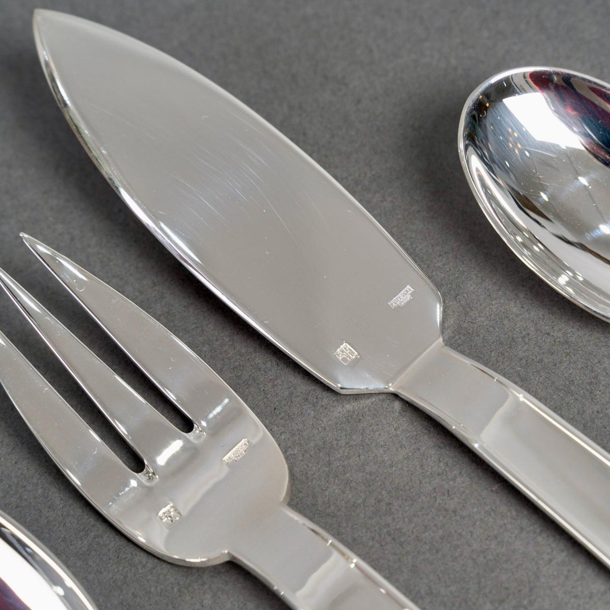 20th Century Jean Puiforcat Art Deco Cutlery Flatware Normandie Plated 8 People 92 Pieces