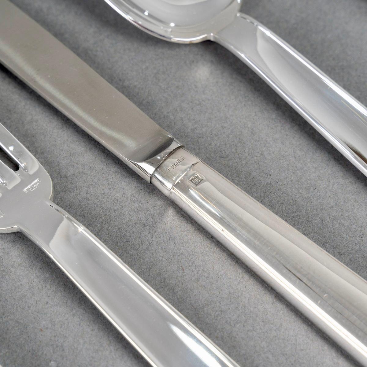 Silver Plate Jean Puiforcat Art Deco Cutlery Flatware Normandie Plated 8 People 92 Pieces