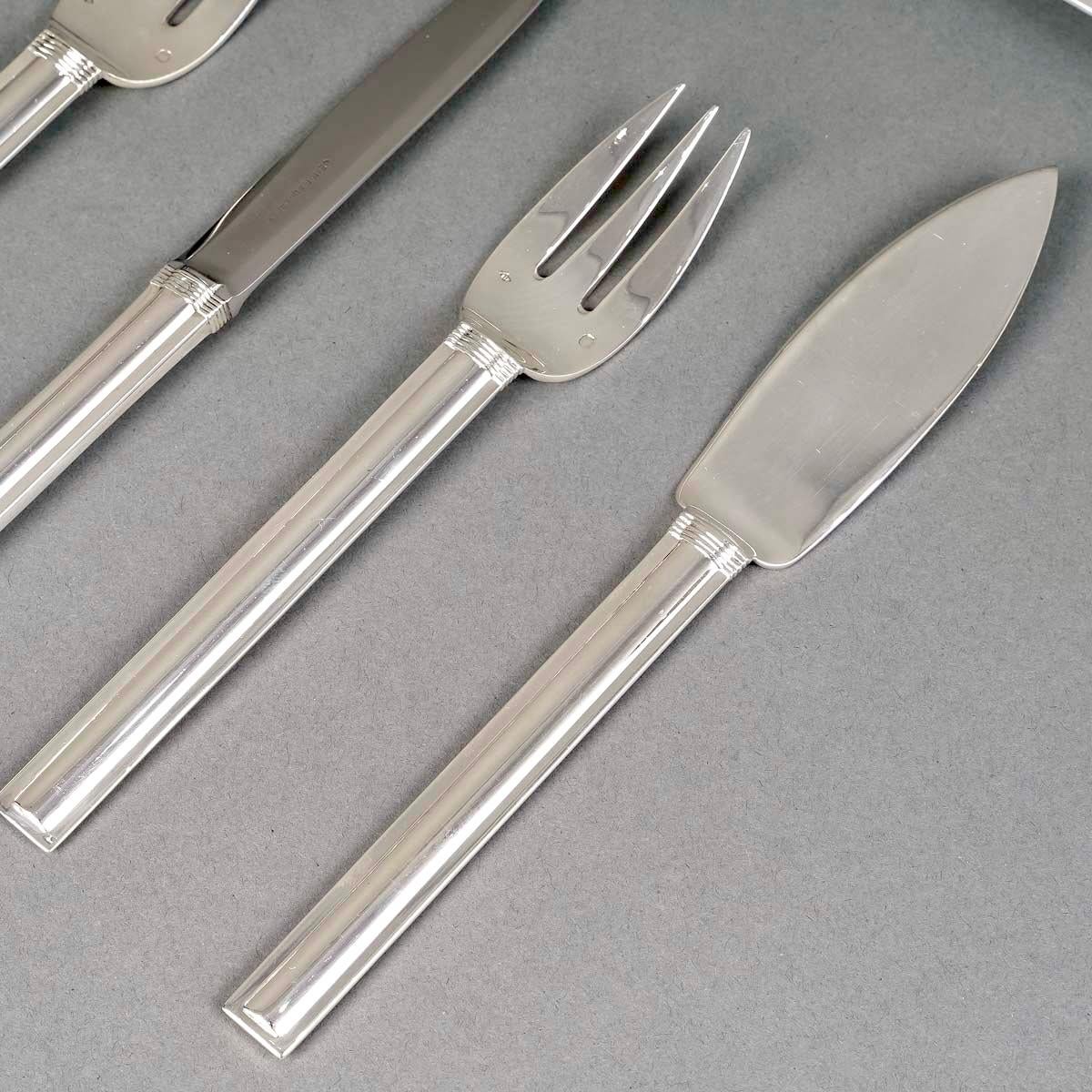 Jean Puiforcat - Art Deco Cutlery Flatware Set Cannes Sterling Silver 61 Pieces In Good Condition For Sale In Boulogne Billancourt, FR