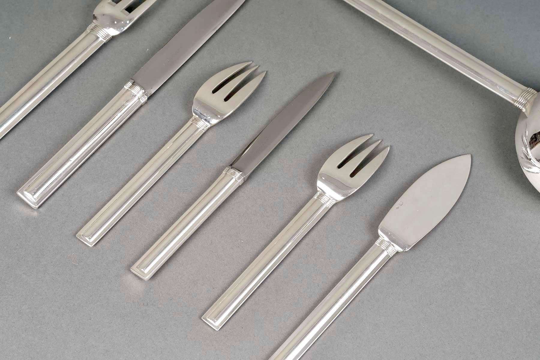 Jean Puiforcat - Art Deco Cutlery Flatware Set Cannes Sterling Silver 61 Pieces For Sale 1
