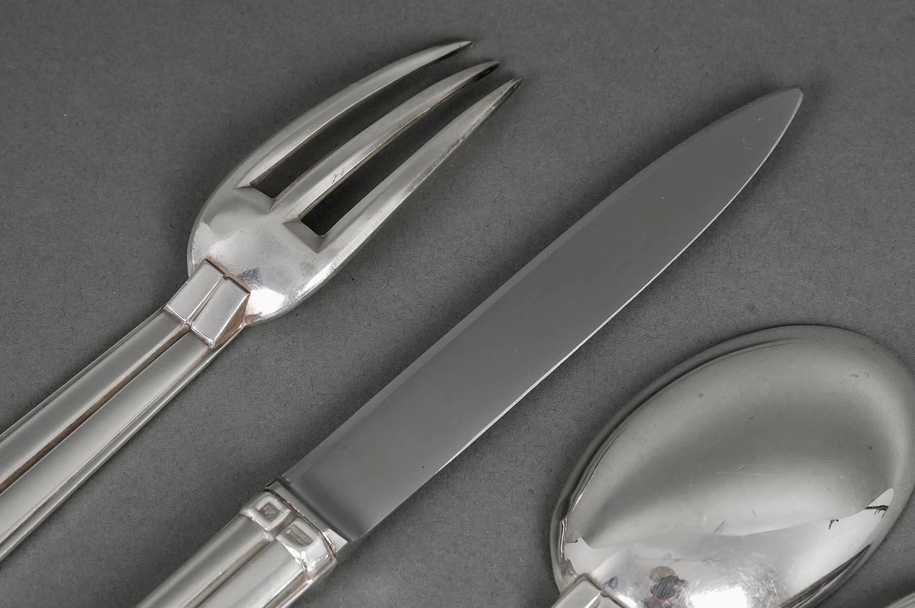 Silver Plate Jean Puiforcat - Art Deco Cutlery Flatware Set Chantaco Plated Silver 113 Pieces