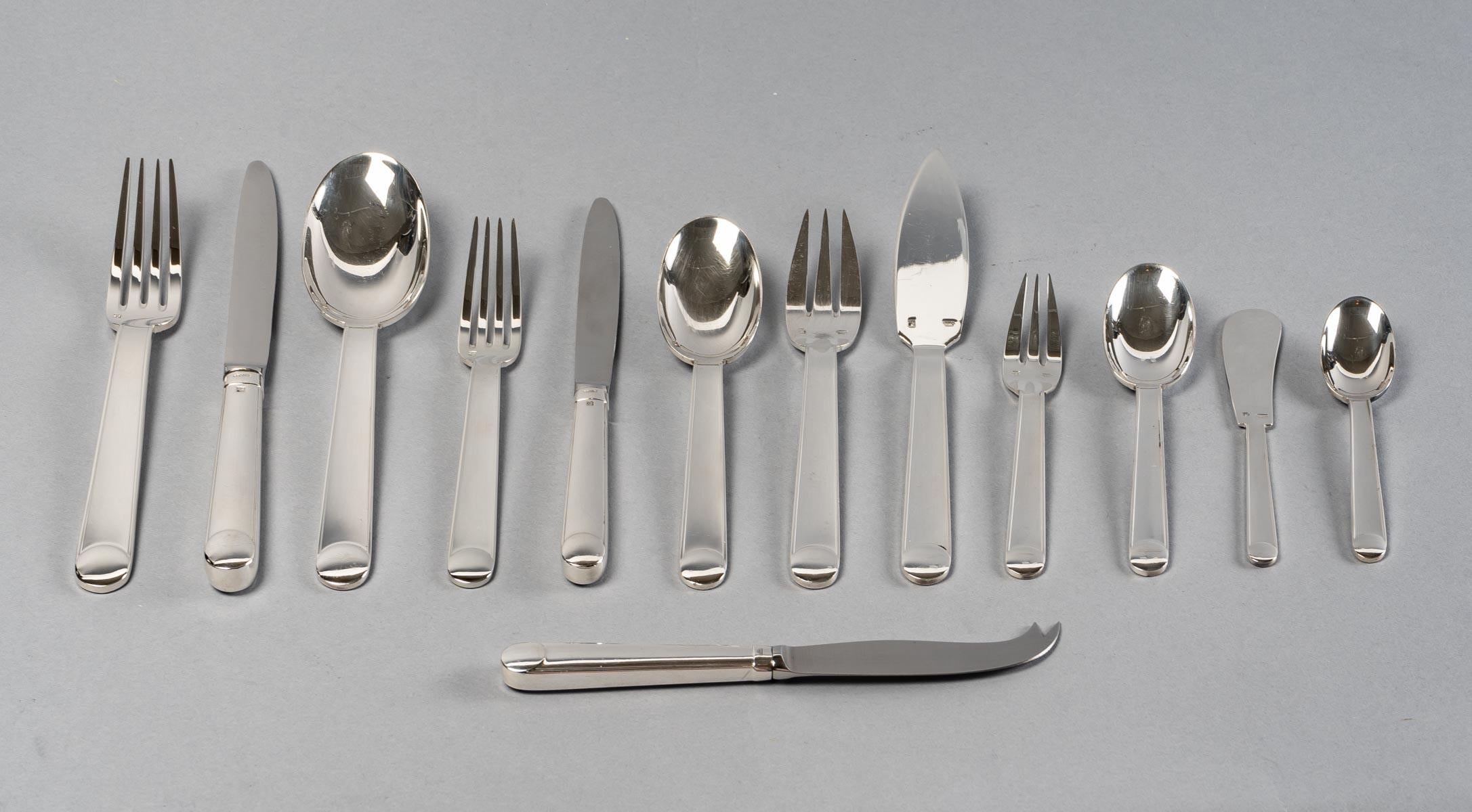 Art Deco Jean Puiforcat Cutlery Flatware Set Normandie Plated Silver 6 People, 73 Pieces